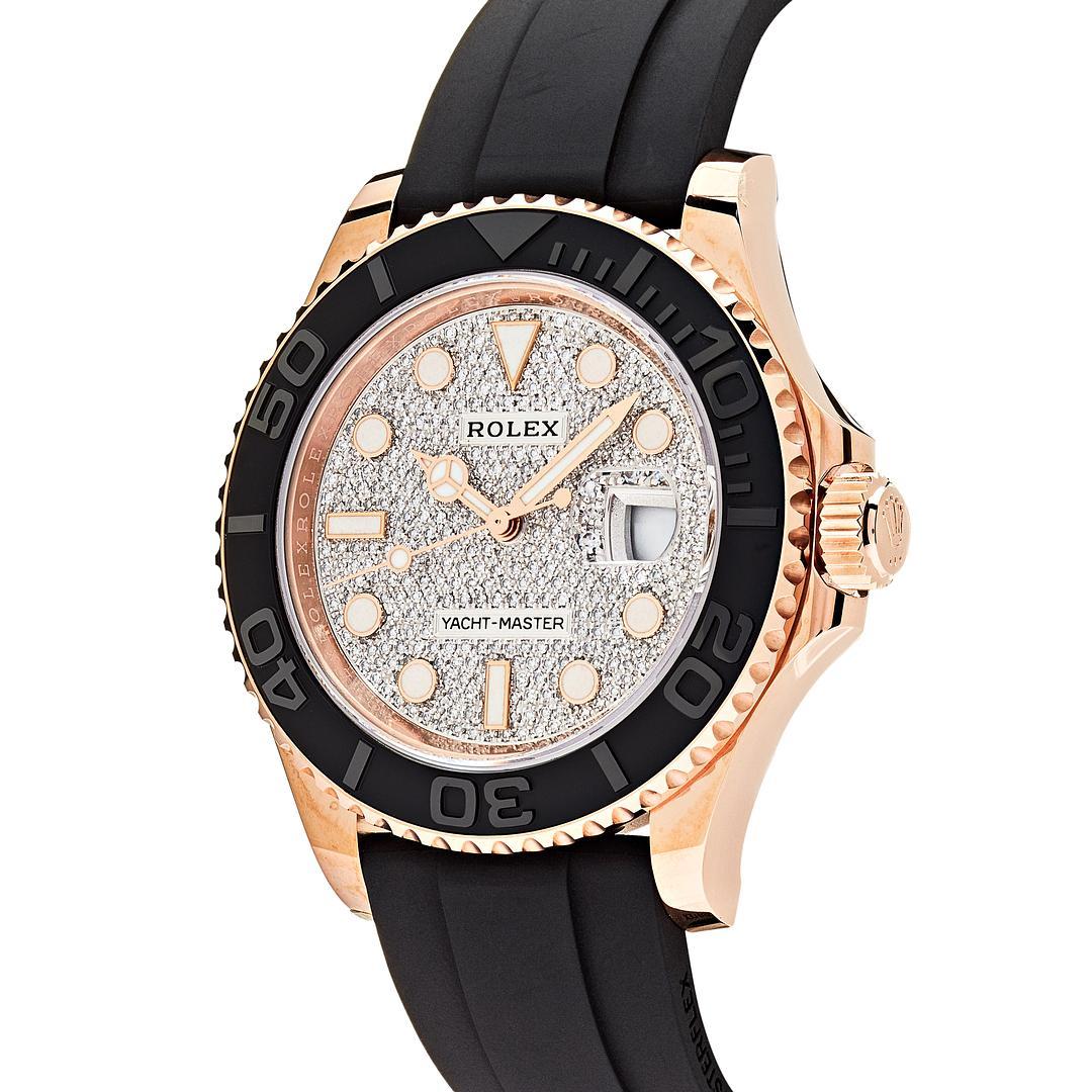 Rolex YachtMaster 40 Rose Gold Pave Diamond Dial Rubber Strap 126655 For Sale at 1stDibs