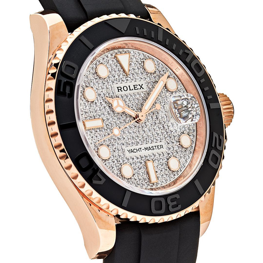 Rolex YachtMaster 40 Rose Gold Pave Diamond Dial Rubber Strap 126655 For Sale at 1stDibs