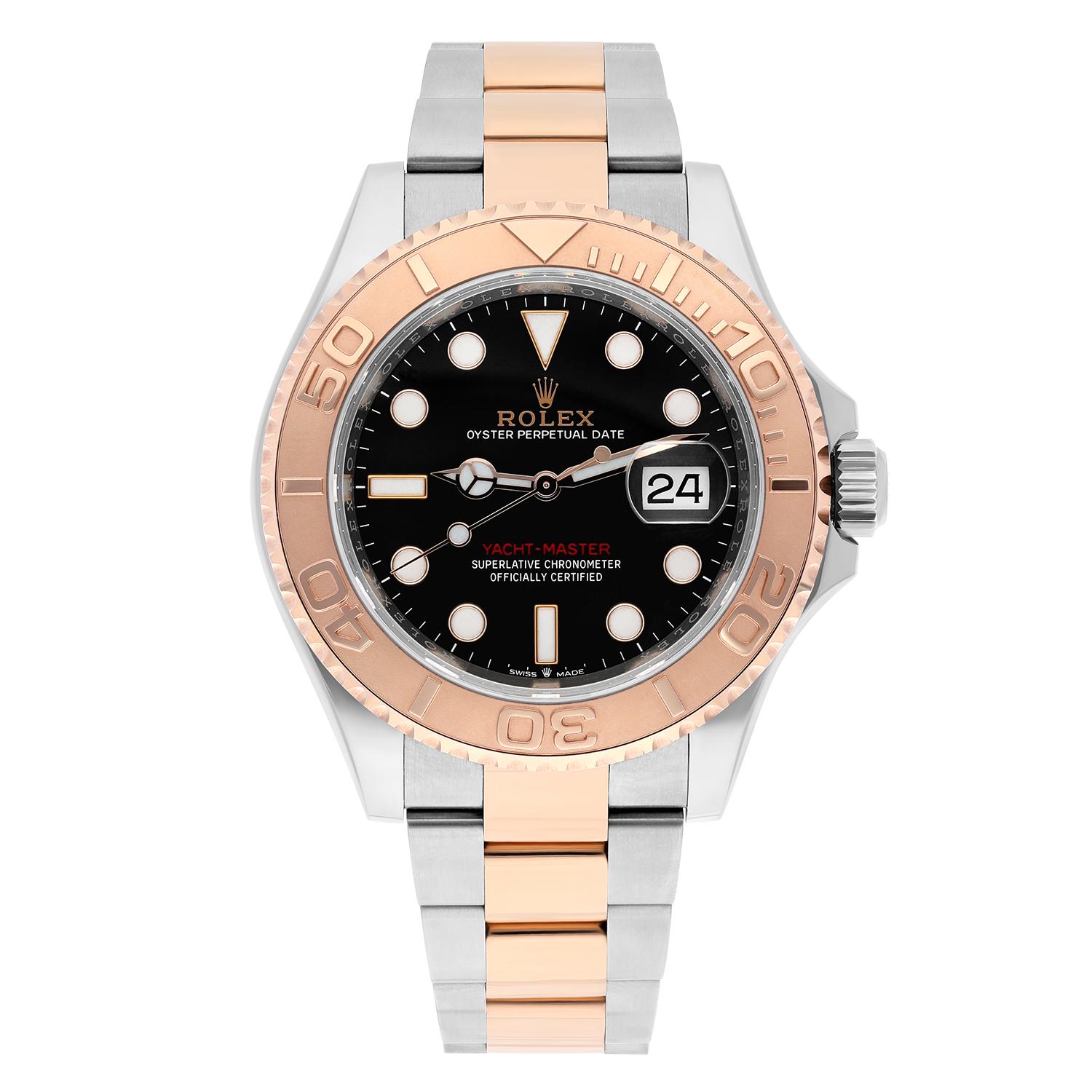 This Yacht-Master 40 is fitted with the solid 18ct rose gold bi-directional bezel, contrasting beautifully against the black luminous dial. Fitted to the sporty yet elegant two-tone Oyster bracelet. Rolex self-winding calibre 3235, with improved
