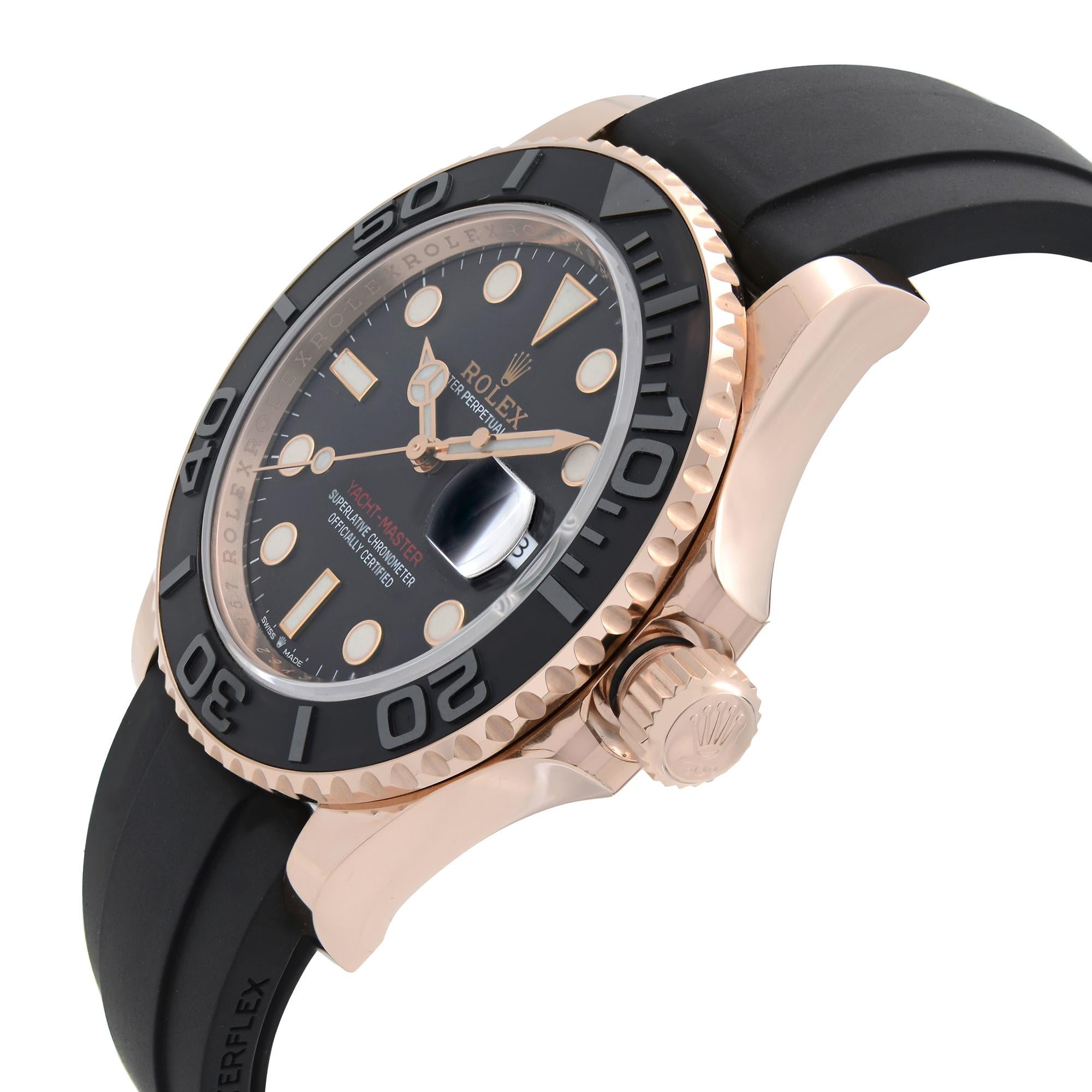 Display Model Rolex Yacht-Master 40MM 18k Rose Gold Black Dial Automatic Men's Watch 126655. 18k Rose Gold Case with a Black Oysterflex Rubber Band. Bi-Directional Rotating Coin Edge 18k Rose Gold Bezel with a Black Ceramic Count-Up Elapsed Time Top