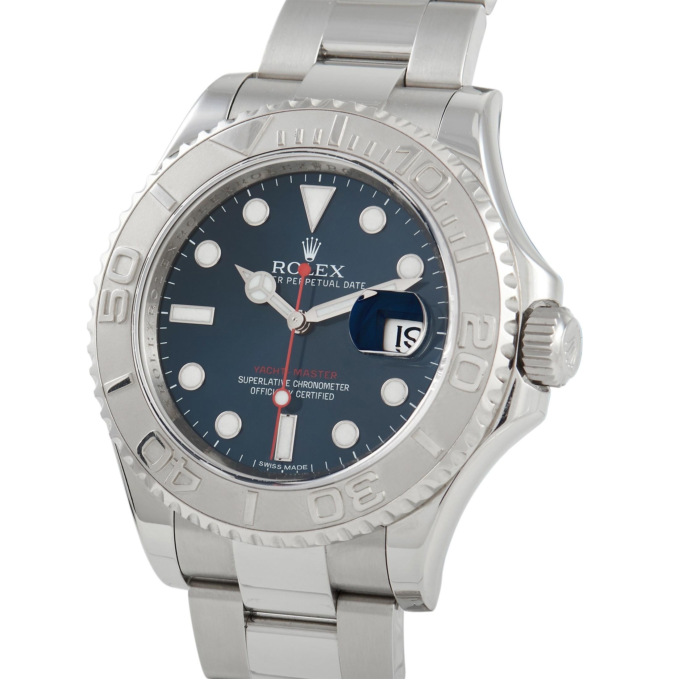 The Rolex Yacht-Master Watch, reference number 116622, exudes the brand’s signature sense of luxury and sophistication. 

On this impeccable timepiece, a 40mm case crafted from 904L stainless steel features a bidirectional rotatable platinum bezel