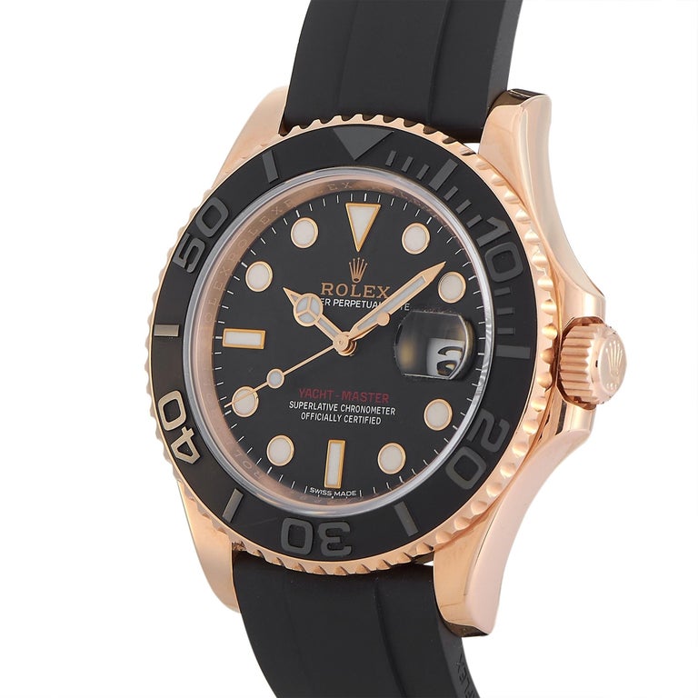 The Rolex Yacht-Master 40mm Everose Gold Rubber Strap Men's Watch 116655 is an attractive timepiece that has earned a large following. It features a modern design with its matte black Cerachrom bezel paired with Rolex's very own 18K Everose Gold