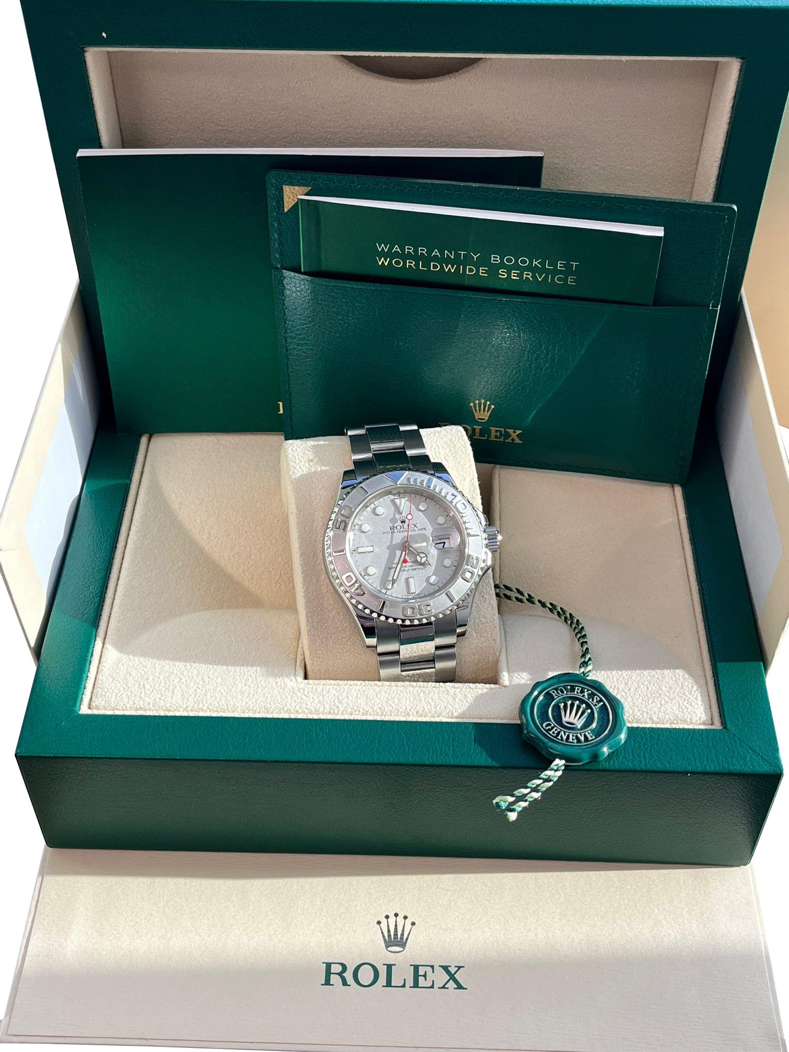 Rolex Yachtmaster Platinum Dial Bezel Steel Mens Watch 16622. Officially certified chronometer automatic self-winding movement. Stainless steel oyster case 40.0 mm in diameter. Rolex logo on the crown. Platinum special time-lapse bidirectional