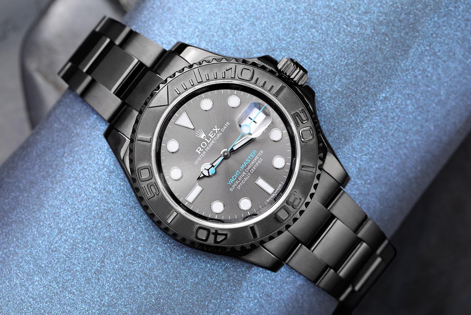 Montre Rolex Yacht-Master 40 mm en acier inoxydable revêtu de PVD/DLC et platine 116622. Cette montre a été polie professionnellement. Le Coates a été appliqué sur une montre propre. Après l'application du PVD/DLC, la montre n'a jamais été portée !