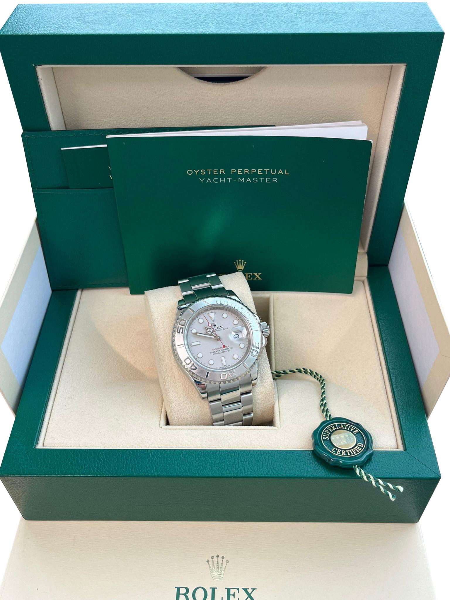 Modernist Rolex Yacht-Master 40mm Silver Dial Platinum Bezel Oyster Steel Mens Watch 16622 For Sale