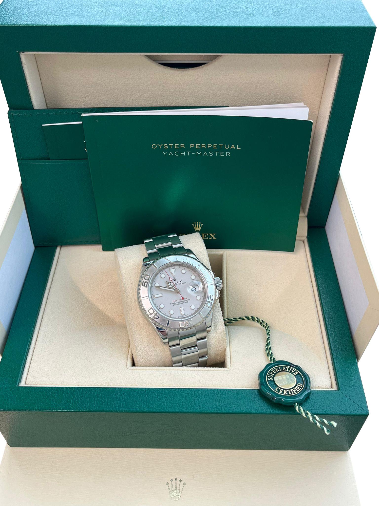 Rolex Yacht-Master 40mm Silver Dial Platinum Bezel Oyster Steel Mens Watch 16622 In Good Condition For Sale In Aventura, FL
