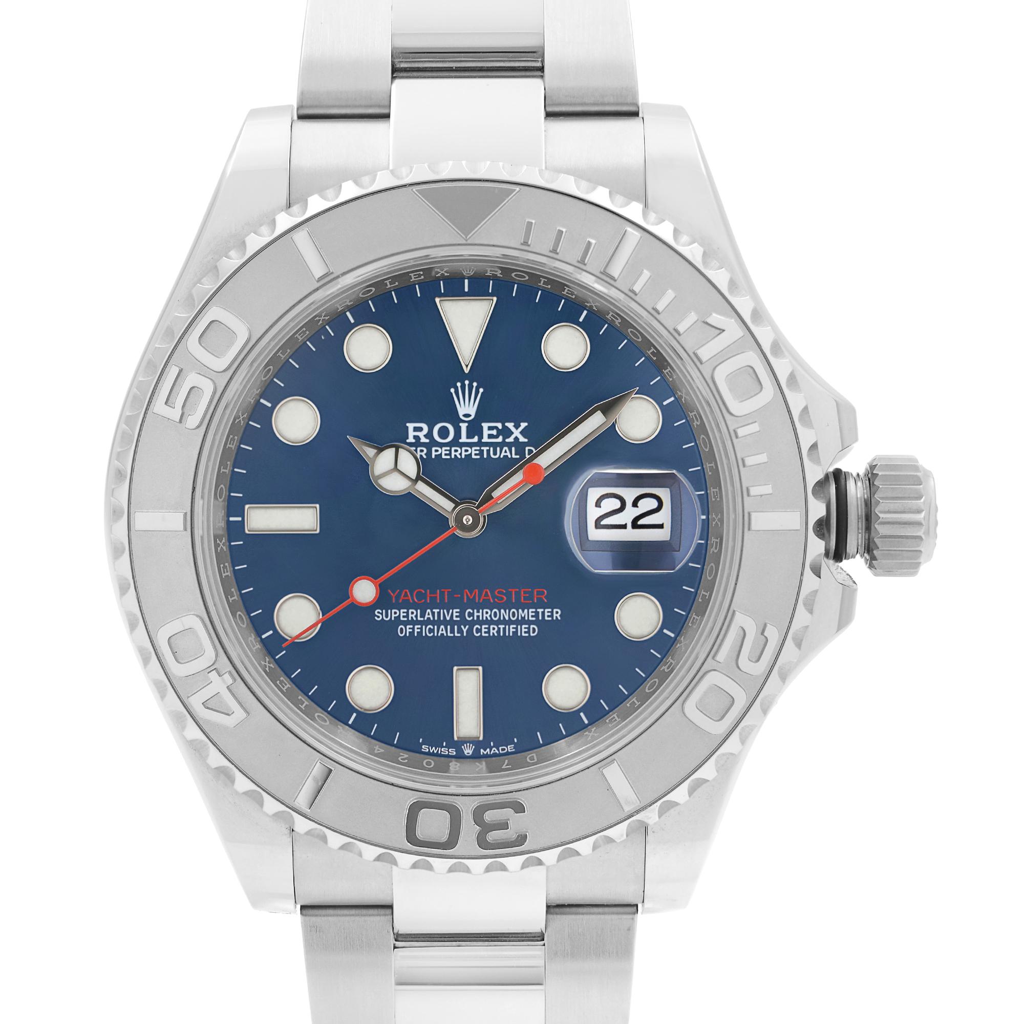 Pre Owned Rolex Yacht-Master 40MM Steel Platinum Blue Dial Automatic Men's Watch 126622. Great Condition. This Beautiful Timepiece Features: Stainless Steel Case with an Oyster Bracelet. Bidirectional Rotating Bezel with a Silver-Tone Sand Blasted