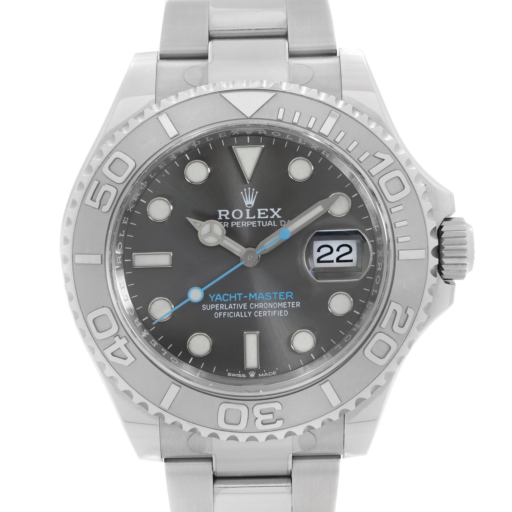 Display Model 2021 card. Rolex Yacht-Master 40mm Platinum Steel Rhodium Dial Automatic Men's Watch 126622. This Beautiful Timepiece is Powered by a Mechanical (Automatic) Movement and Features: Stainless Steel Case with a Oyster Steel Bracelet,