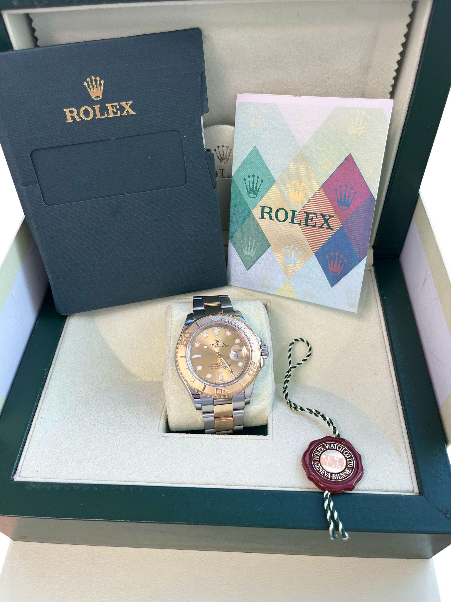 Rolex Yacht-Master 40mm Yellow Gold Steel Champagne Dial Men's Watch 16623 In Good Condition For Sale In Aventura, FL