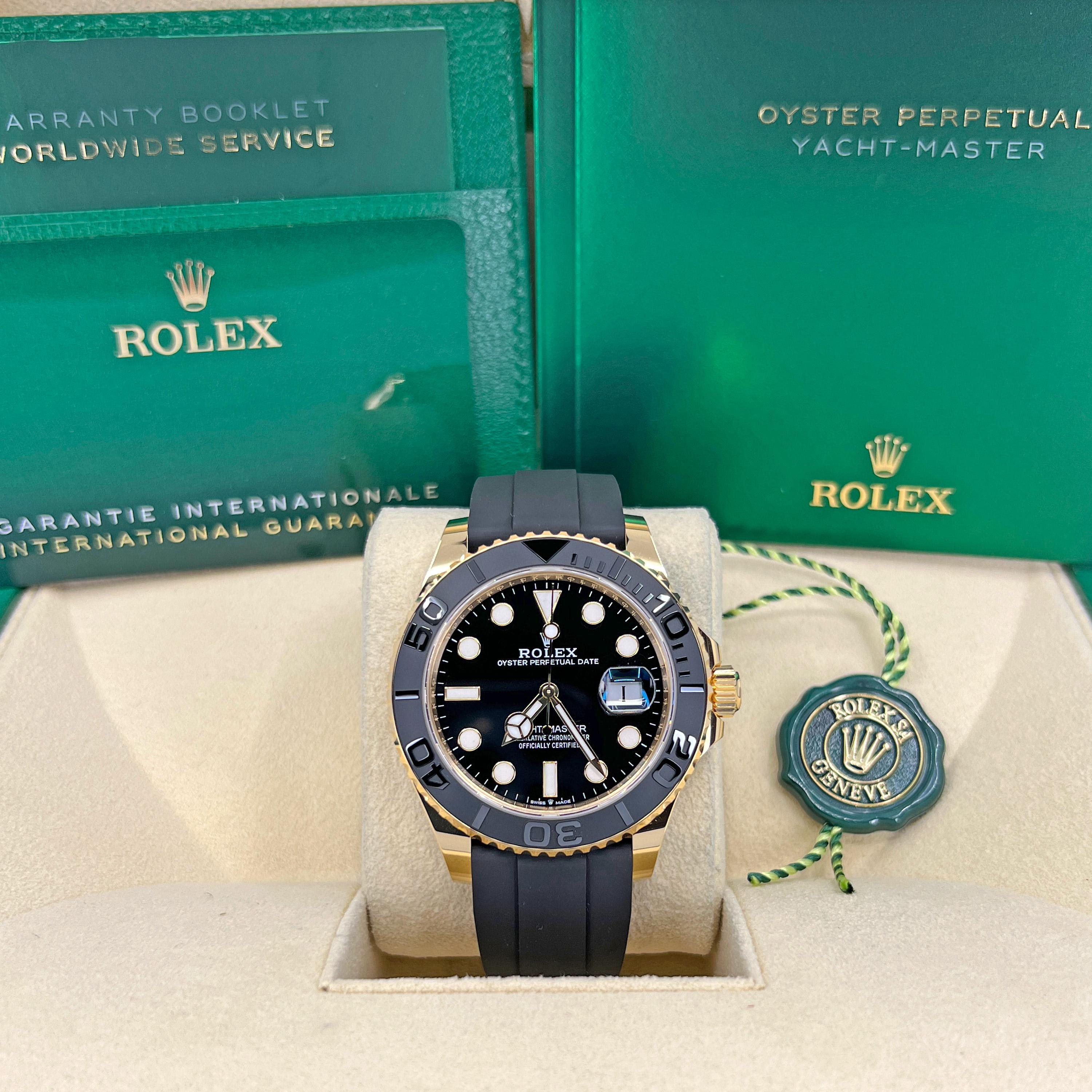 Unworn classic watch Rolex Yacht-Master 42mm, 18k Yellow Gold, Ref# 226658-0001 - luxury, elegance and practicality.

Make: Rolex
Model: Yacht-Master
Reference: 226658-0001
Diameter: 42 mm
Case material: 18k Yellow Gold
Dial color: Black dial with a