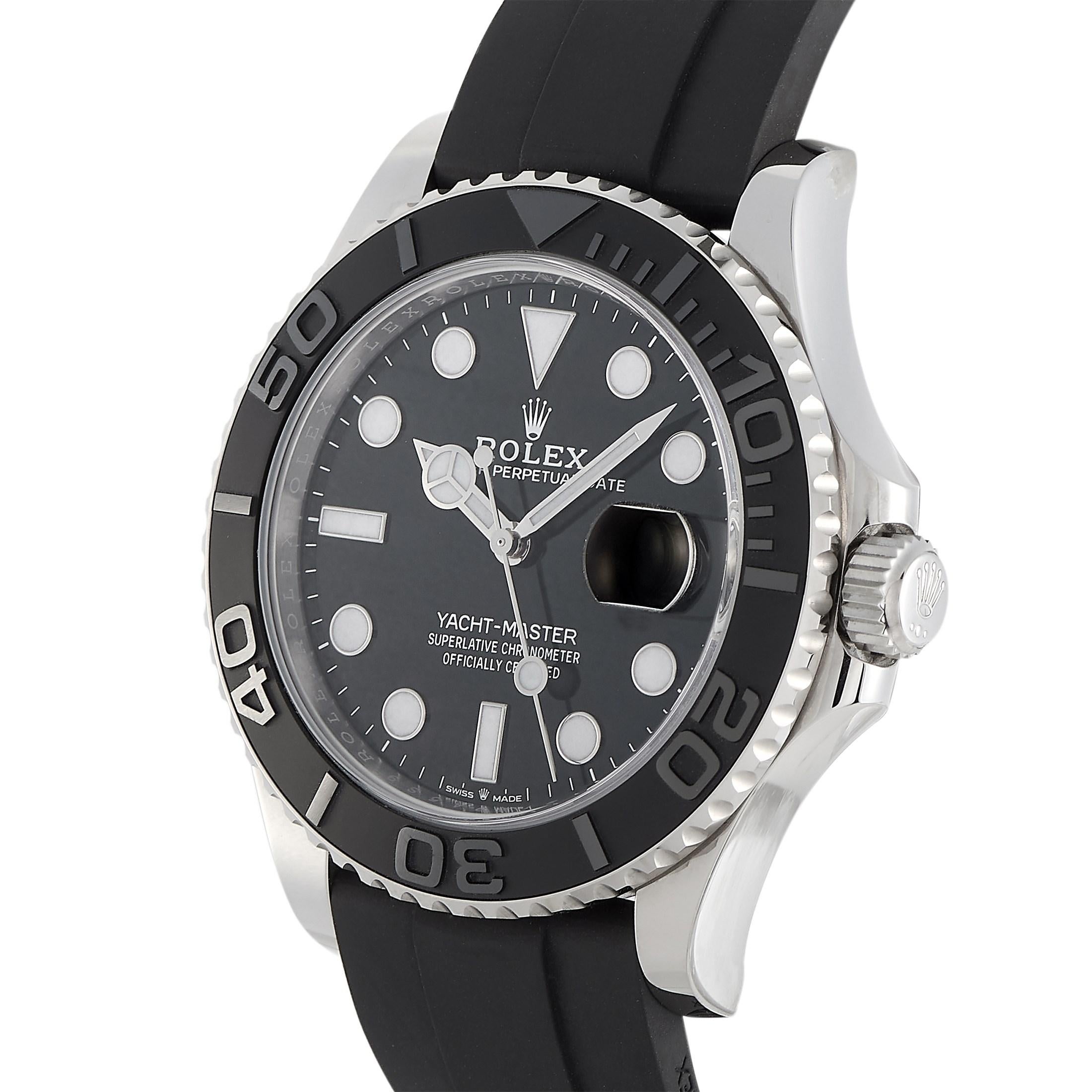 An ingenious blend of function and style, the Rolex Yacht-Master, reference number 226659, perfectly embodies the spirit and heart of the sailor. The model is designed with a Cerachrom bidirectional rotatable bezel with raised graduations and