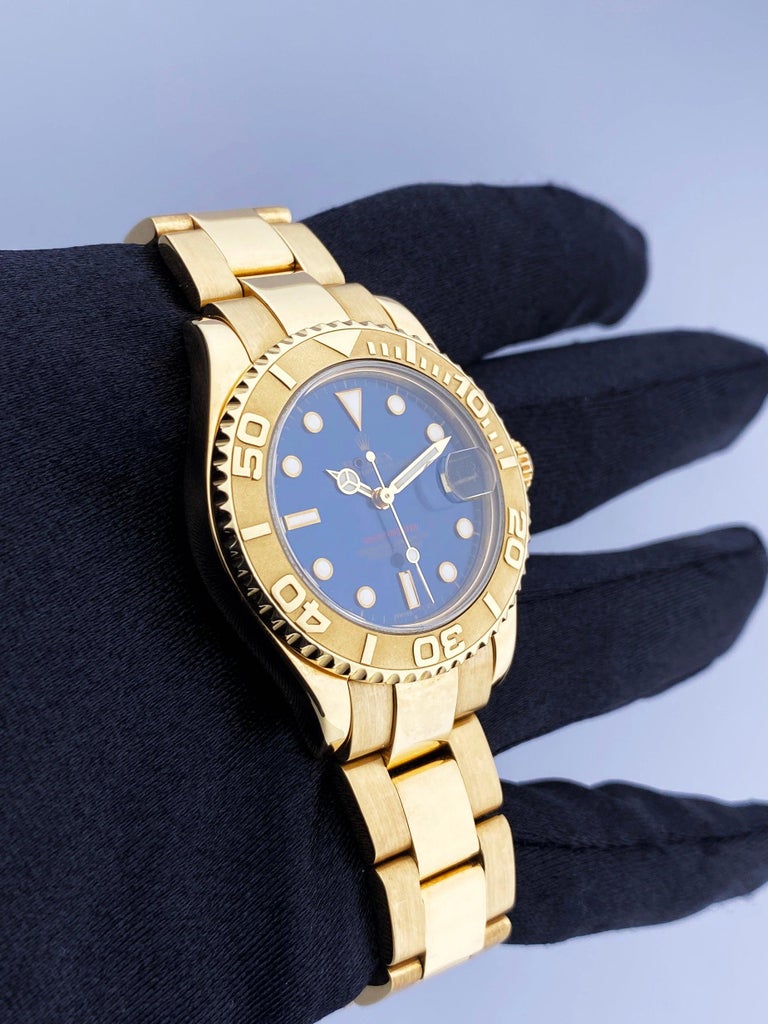 Rolex Yacht Master 68628 Blue Dial 18K Yellow Gold Watch In Excellent Condition In Great Neck, NY