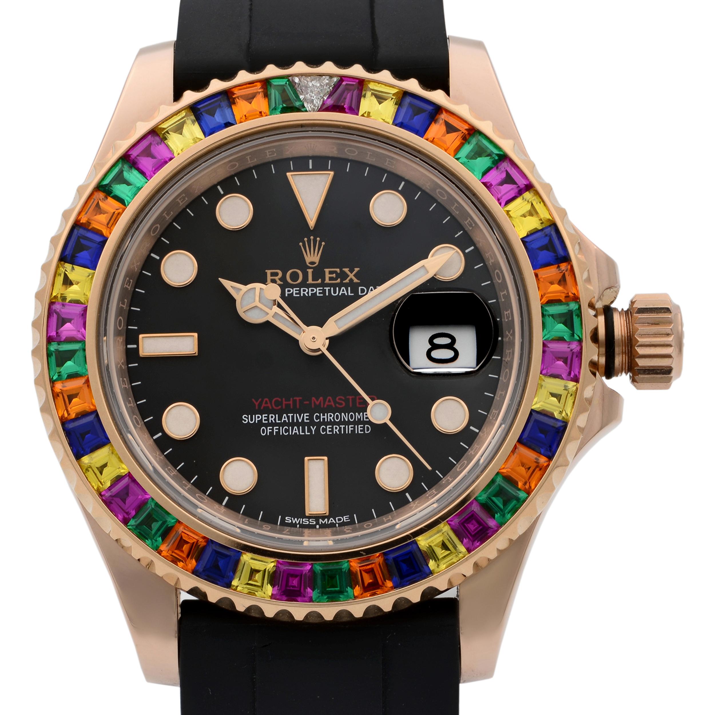 This pre-owned Rolex yacht master 116655 is a beautiful men's timepiece that is powered by a mechanical (automatic) movement which is cased in a rose gold case. It has a round shape face, date indicator dial, and has hand sticks & dots style