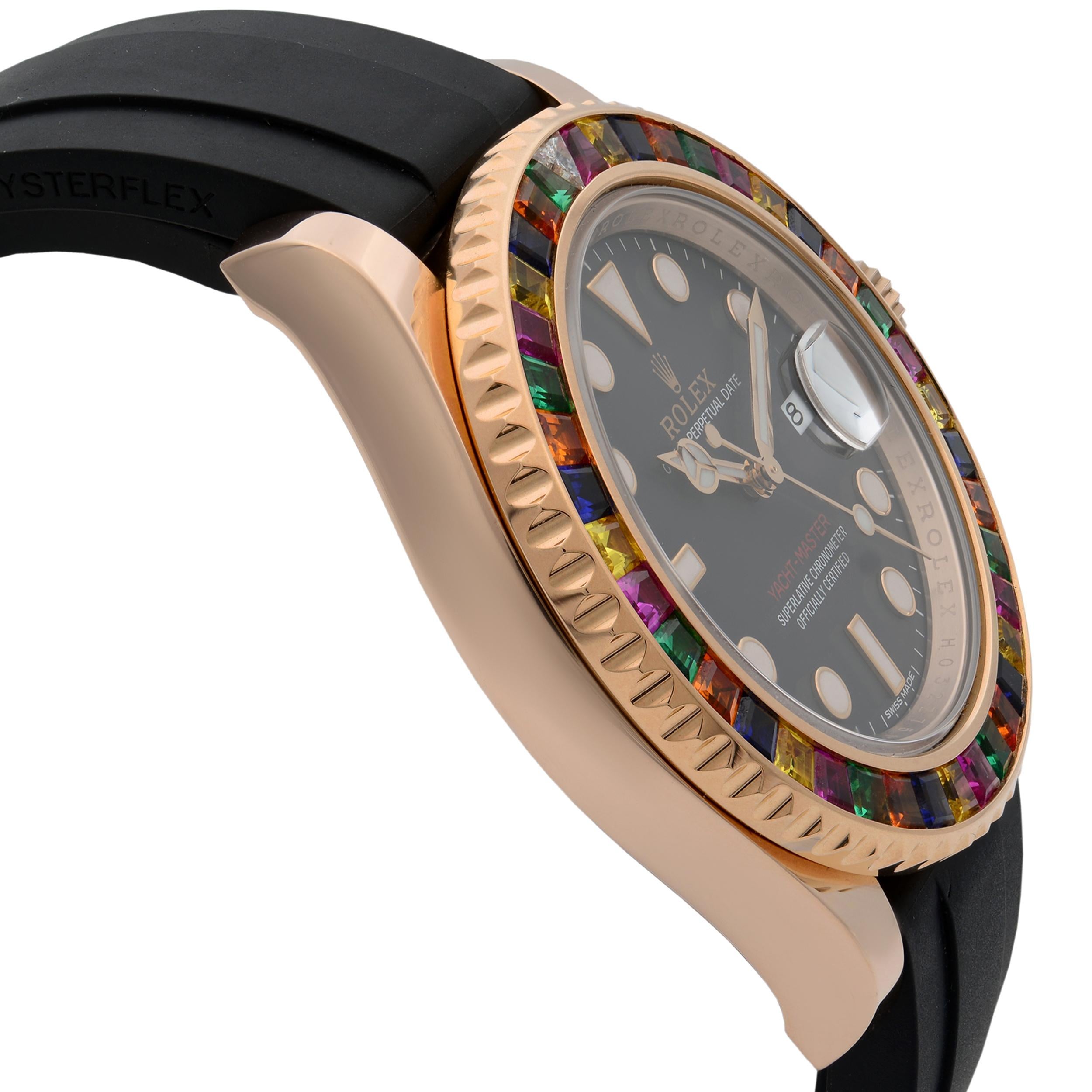 Men's Rolex Yacht-Master Custom Rainbow Bezel Black Dial Everose Gold Watch 116655 For Sale