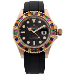 Montre Rolex Yacht-Master Custom à lunette arc-en-ciel et cadran noir en or Everose 116655