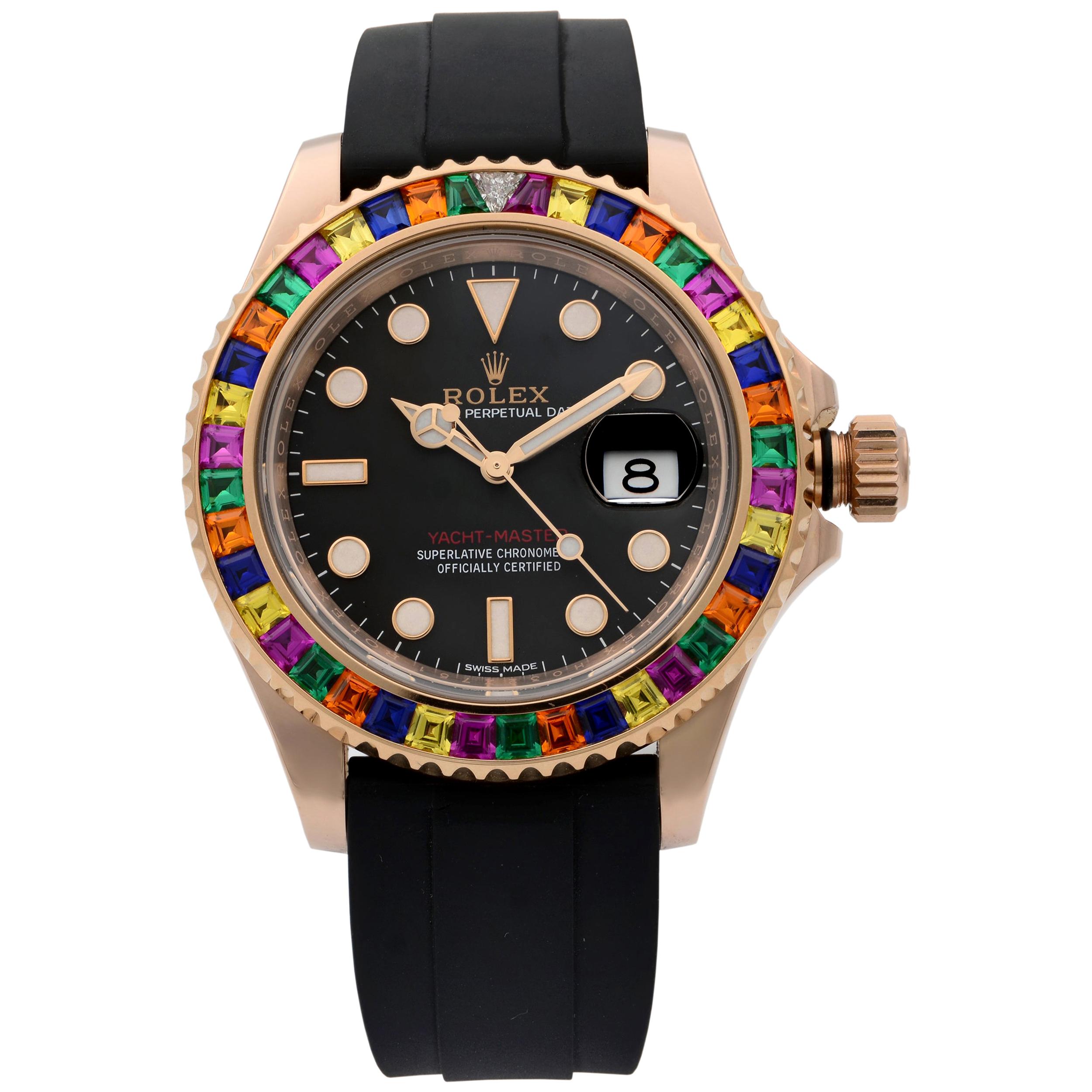Reloj Rolex Yacht-Master Custom Bisel Arcoiris Esfera Negra Oro Everose 116655