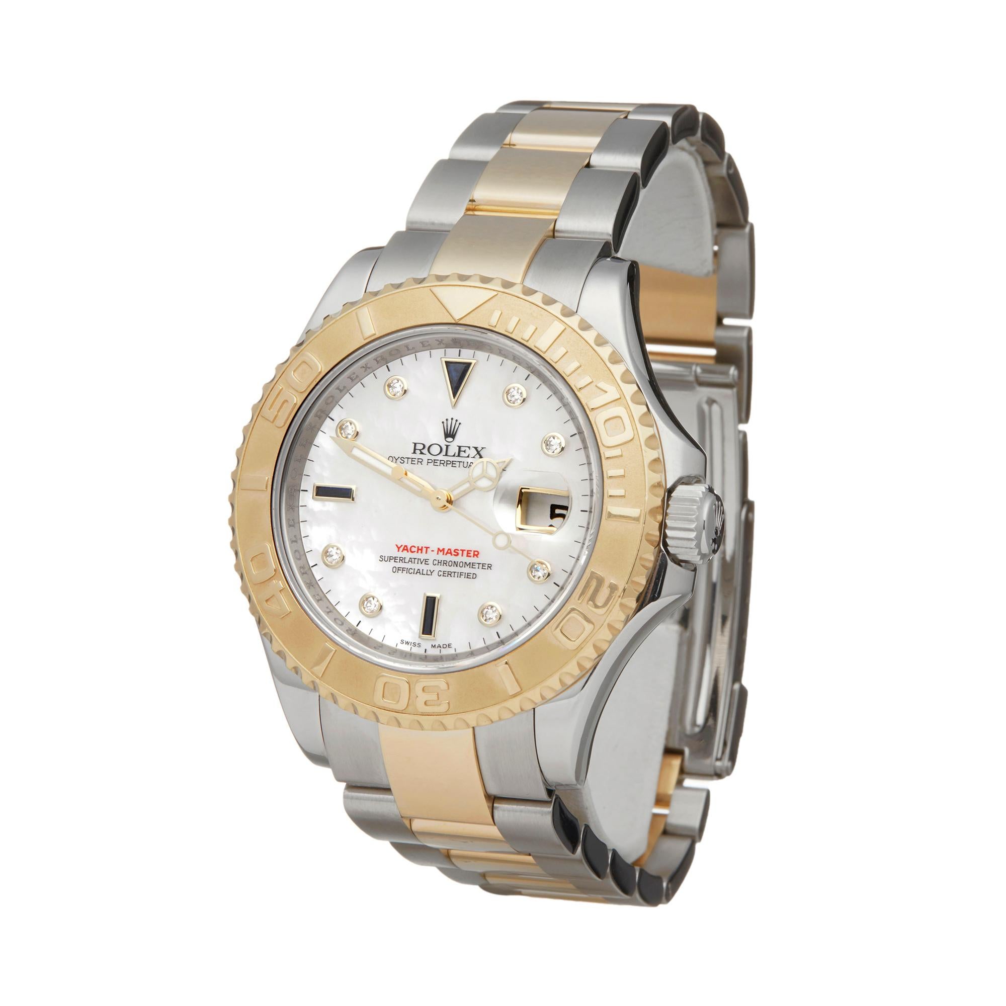 Reference: W6085
Manufacturer: Rolex
Model: Yacht-Master
Model Reference: 16623
Age: 10th October 2010
Gender: Men's
Box and Papers: Box, Manuals, Guarantee and Swing Tags
Dial: Mother Of Pearl Diamond
Glass: Sapphire Crystal
Movement: