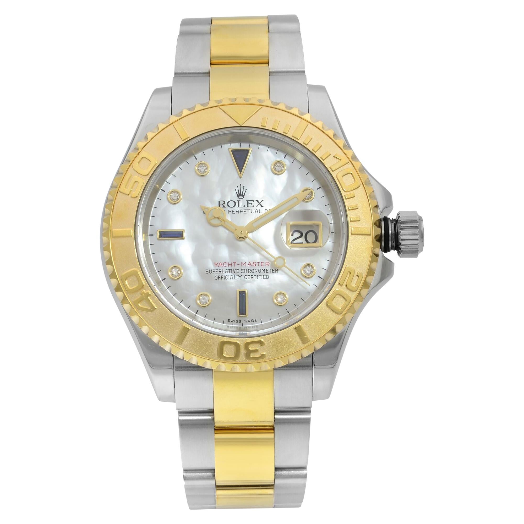 Rolex Yacht Master Gold Steel Serti MOP Dial Sapphire Diamond Men's Watch 16623