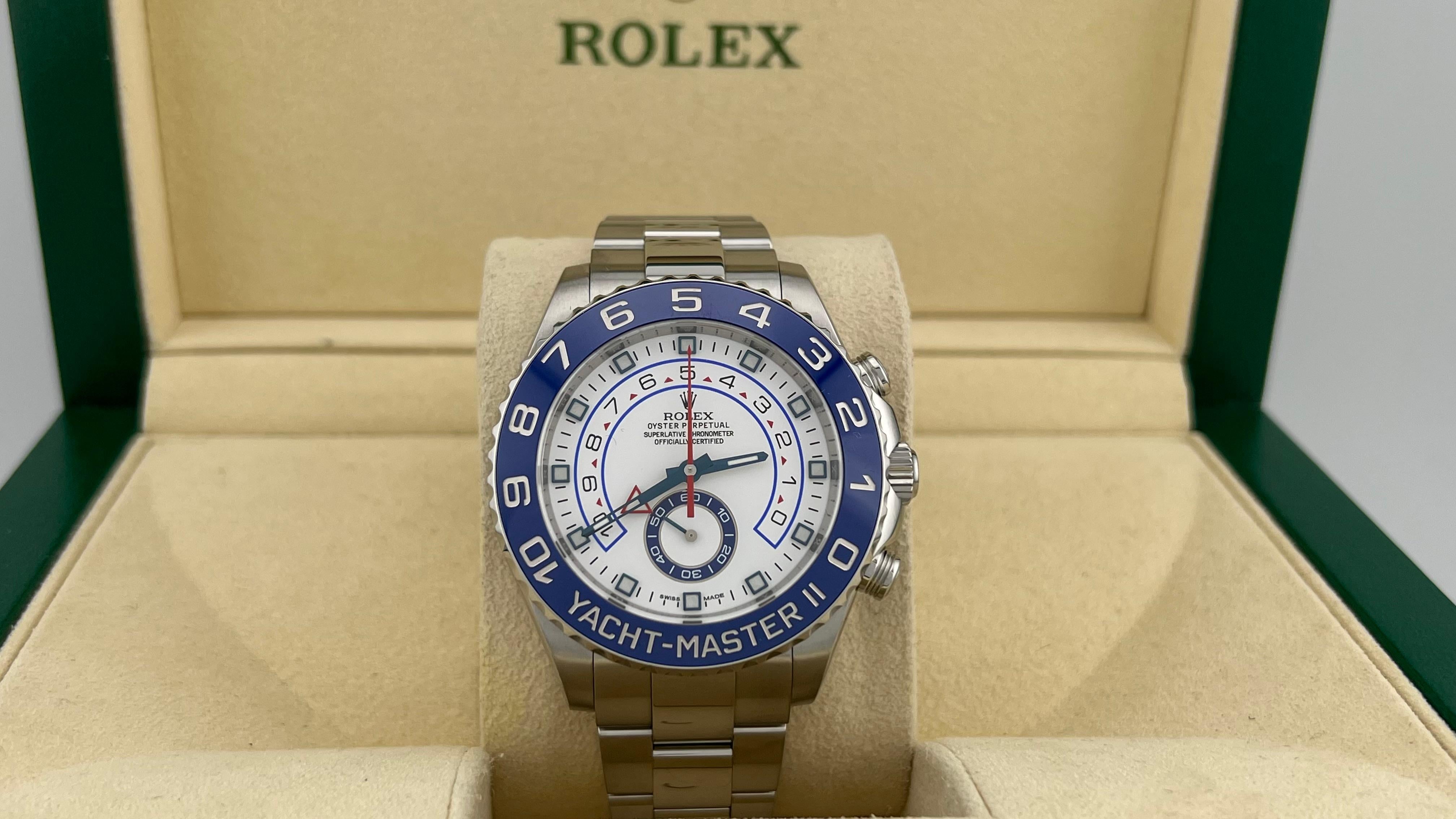 Style Number: 116680

Serial: 974E44***

Year: 2010-2024

Model: Yacht Master II 

Case Material: Stainless Steel 

Band: Stainless Steel 

Bezel: Blue Ceramic 

Dial: White 

Face: Sapphire Crystal 

Case Size: 44mm 

Includes:

-Rolex Box
