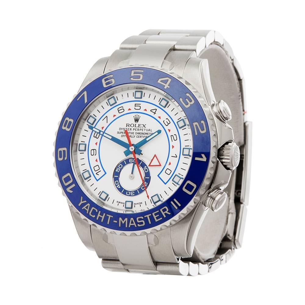 Ref: COM1620
Manufacturer: Rolex
Model: Yacht-Master II
Model Ref: 116680
Age: 16th February 2017
Gender: Mens
Complete With: Box & Guarantee
Dial: White Baton
Glass: Sapphire Crystal
Movement: Automatic
Water Resistance: To Manufacturers
