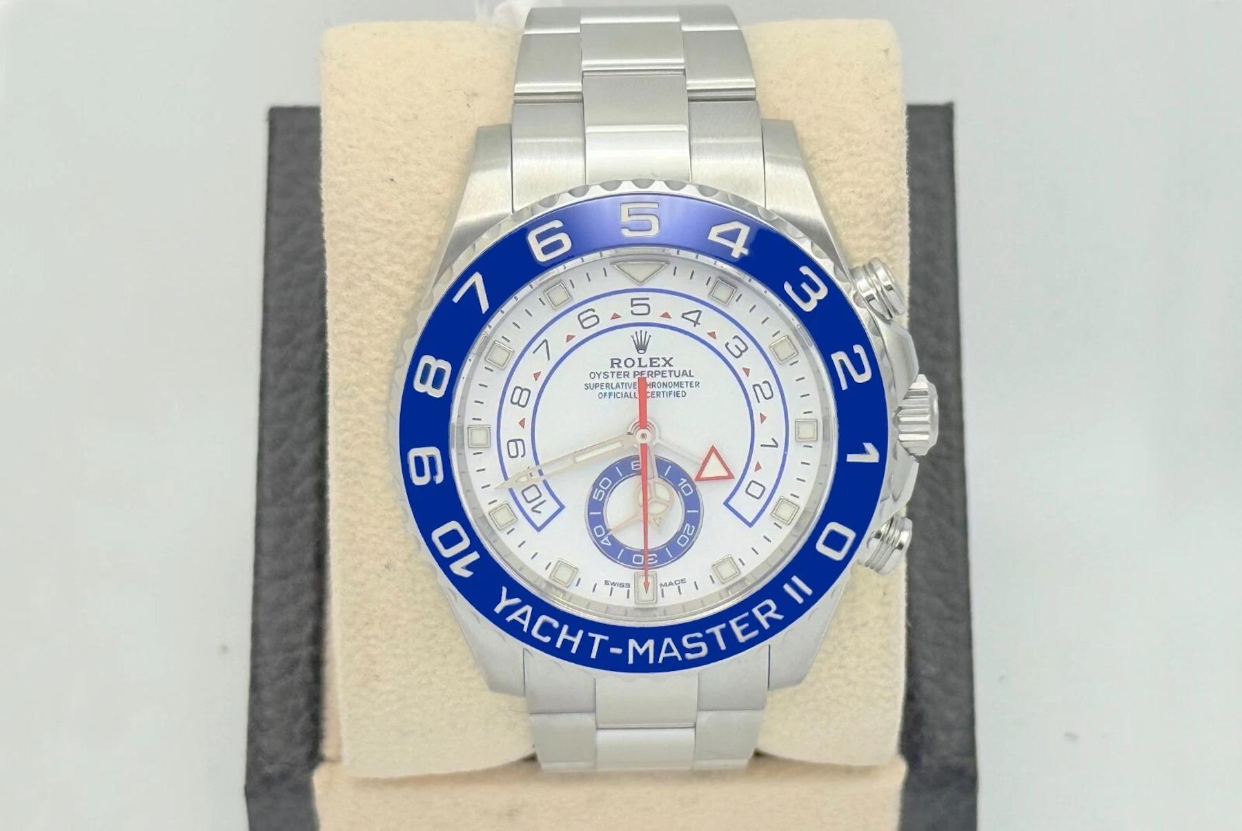 Rolex Yacht Master II 116680 White Dial Blue Ceramic Steel Box Paper 44mm In Excellent Condition For Sale In San Diego, CA