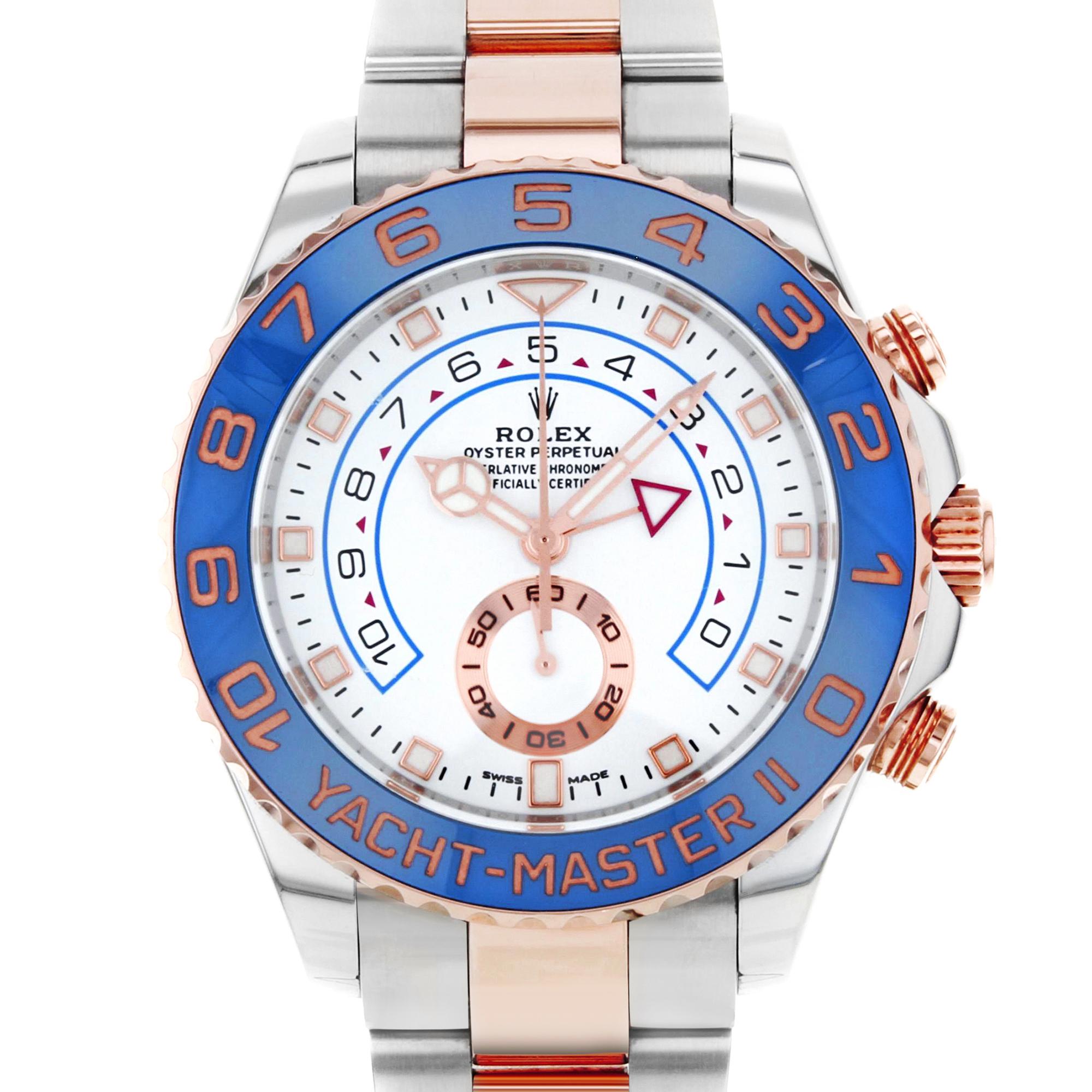 This pre-owned Rolex Yacht-Master II 116681 is a beautiful men's timepiece that is powered by an automatic movement which is cased in a stainless steel case. It has a round shape face, small seconds subdial dial, and has hand dots style markers. It