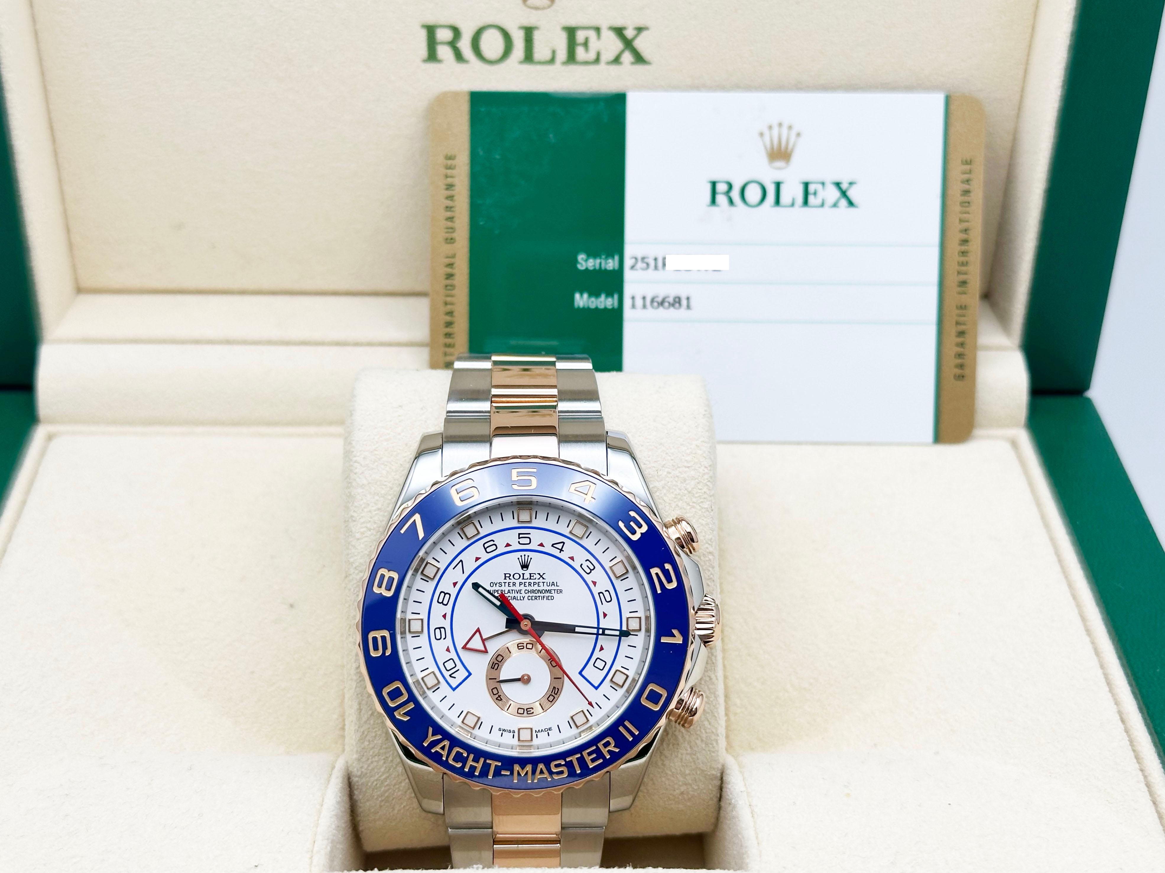 Numéro de style : 116681



Numéro de série : 251P1***



Année : 2015

 

Modèle : Rolex Yacht Master II 

 

Matériau du boîtier : Acier inoxydable 

 

Bracelet : or rose 18K et acier inoxydable

  

Lunette : lunette en céramique bleue 

 