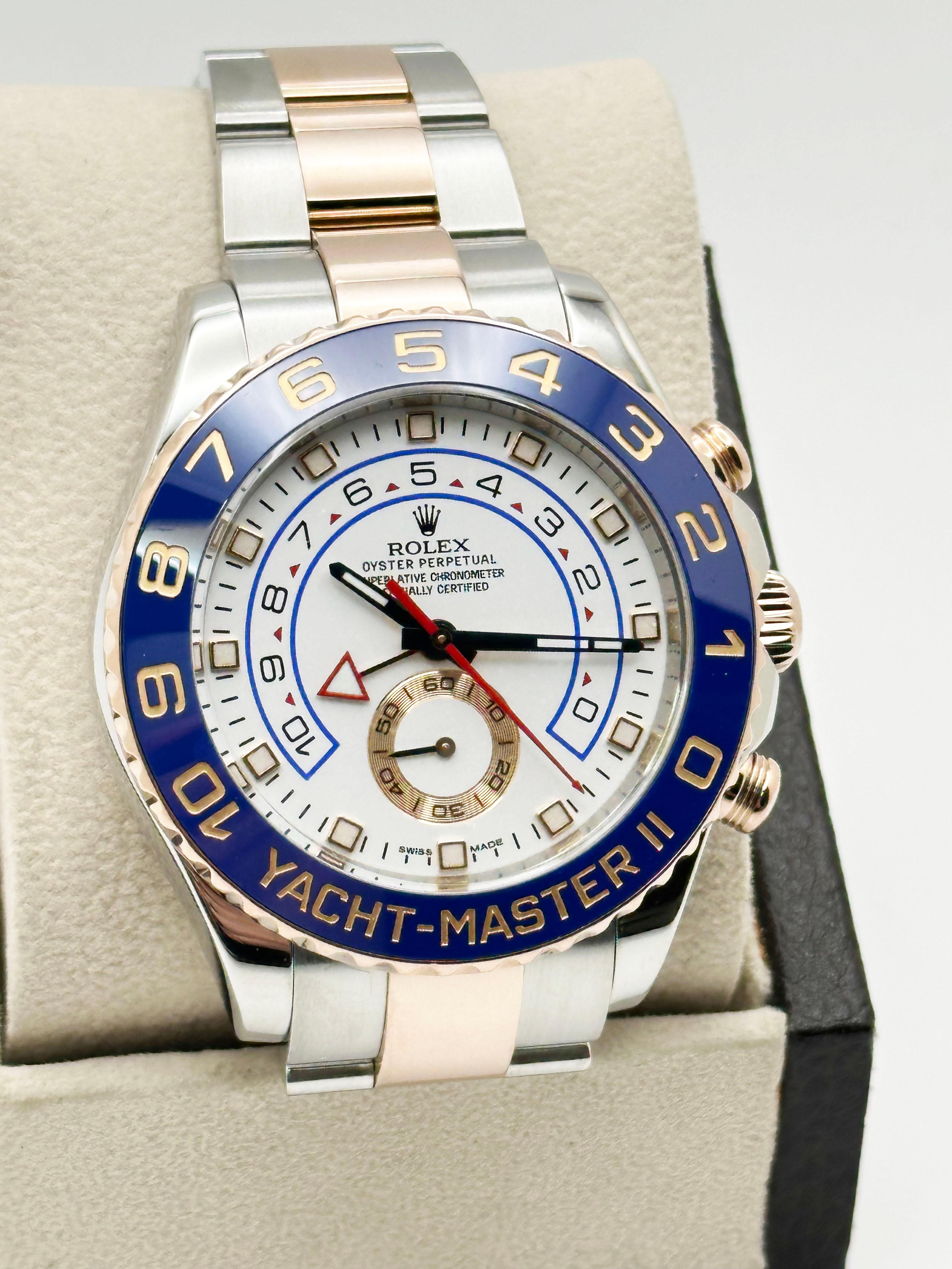 Rolex Yacht Master II 116681 44mm Céramique bleue Or rose 18K Stainless Box Paper en vente 1