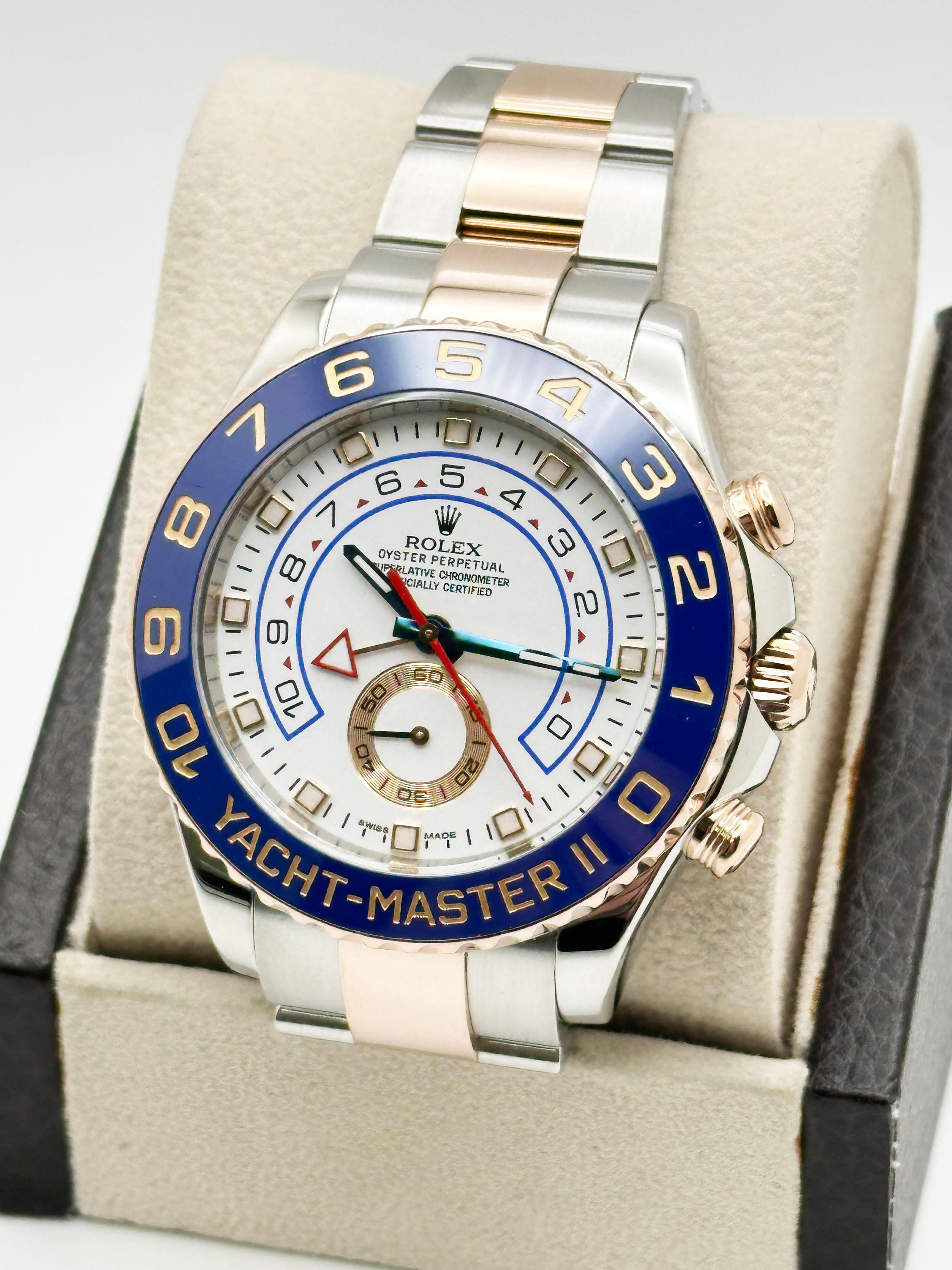 Rolex Yacht Master II 116681 44mm Céramique bleue Or rose 18K Stainless Box Paper en vente 2