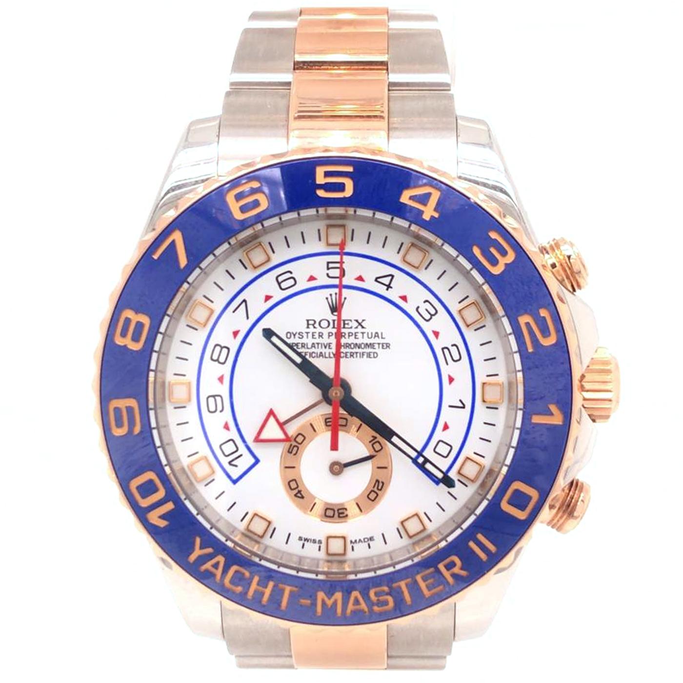 The Oyster Perpetual Yacht-Master II in Oystersteel with an Oyster bracelet and a bidirectional rotatable bezel with a blue Cerachrom insert. The only chronograph in the world with a mechanical memory, the Yacht-Master II with its bezel acting as a