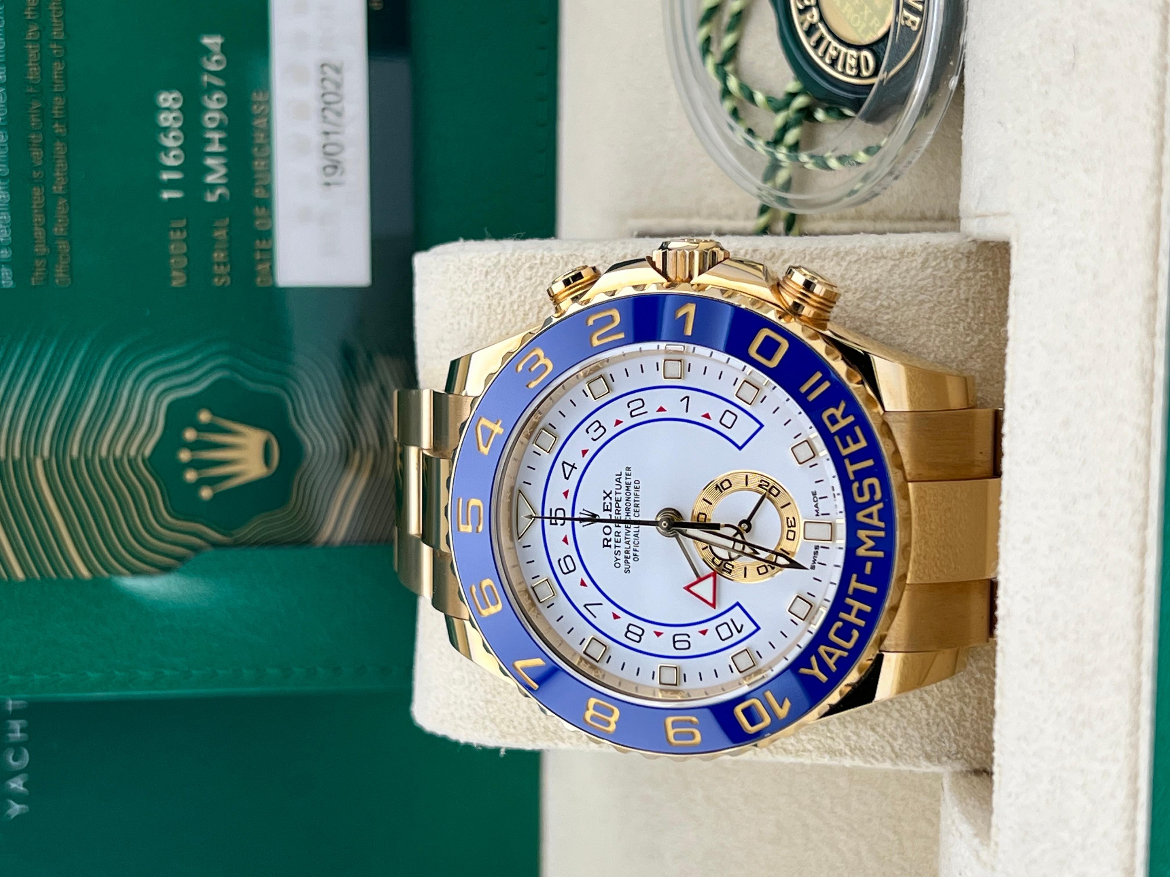 Rolex Yacht Master II 116688 Oro Amarillo 18K Cerámica Azul 44mm Caja Papel 2022 en Excelente estado para la venta en San Diego, CA