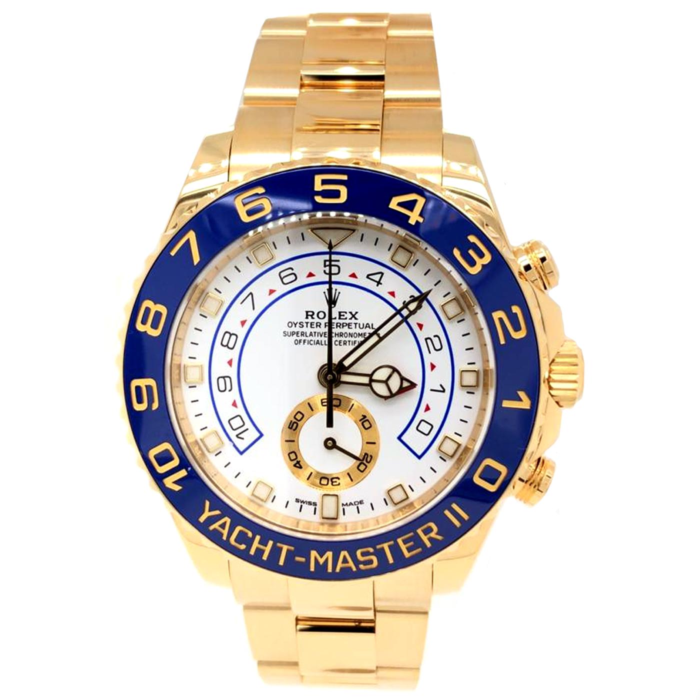 Take a nautical journey with the Rolex Yacht-Master II as your guide. This sea-inspired watch embraces the best features of yachting with a 90-degree bidirectional bezel in 18-Karat gold, This is a functional bezel that works as a programmable