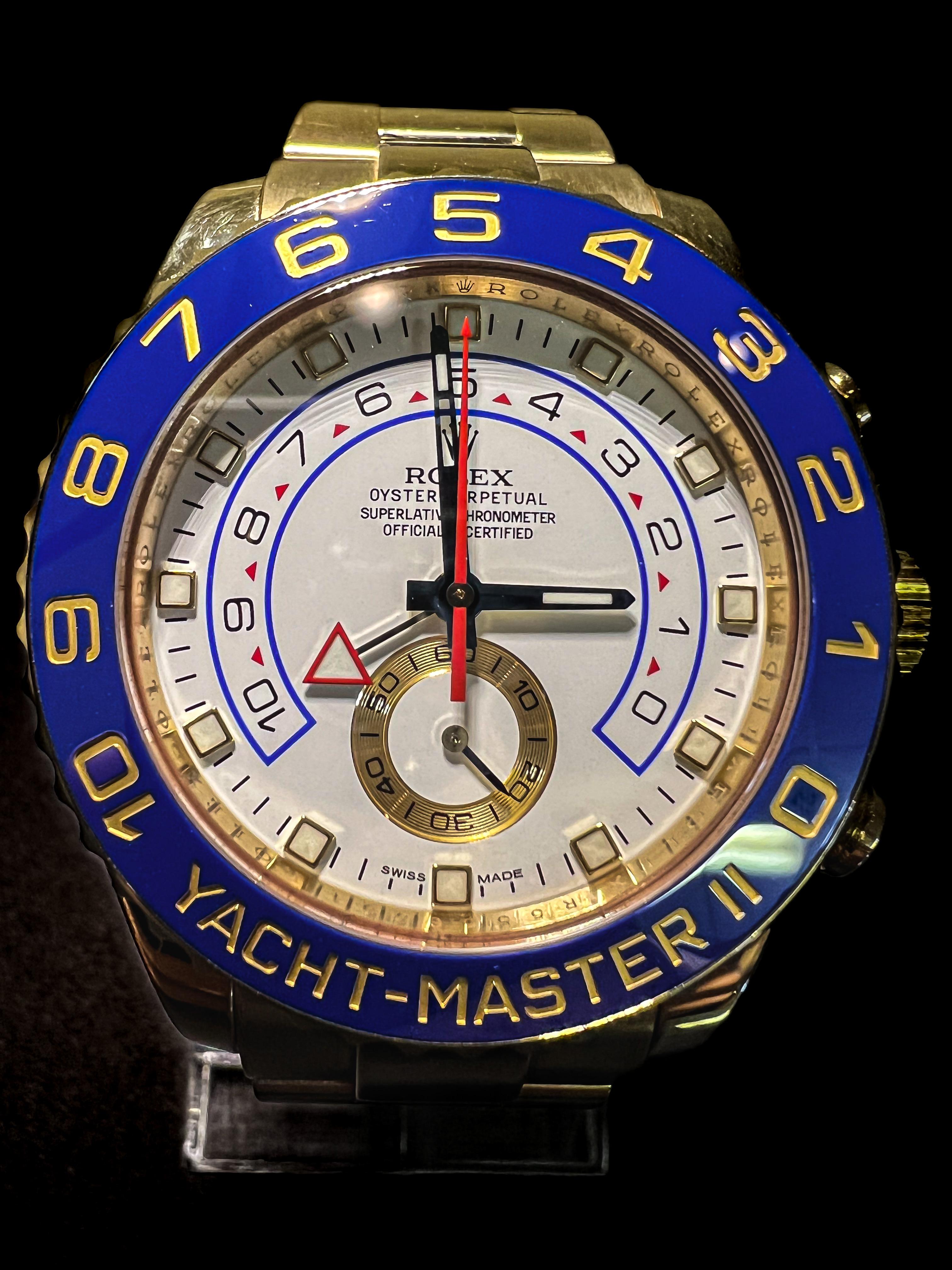Brand: Rolex
Model: Yacht-master Ii
Type: Wristwatch
Model Name: Yacht-Master II
Reference #: 116688
Lug to Lug: 51mm
Case Diameter: 44mm
Bezel Material: Ceramic
Case Material: Yellow Gold
Movement: Automatic 4161
Weight: 249.2g
Bracelet: 18k Yellow