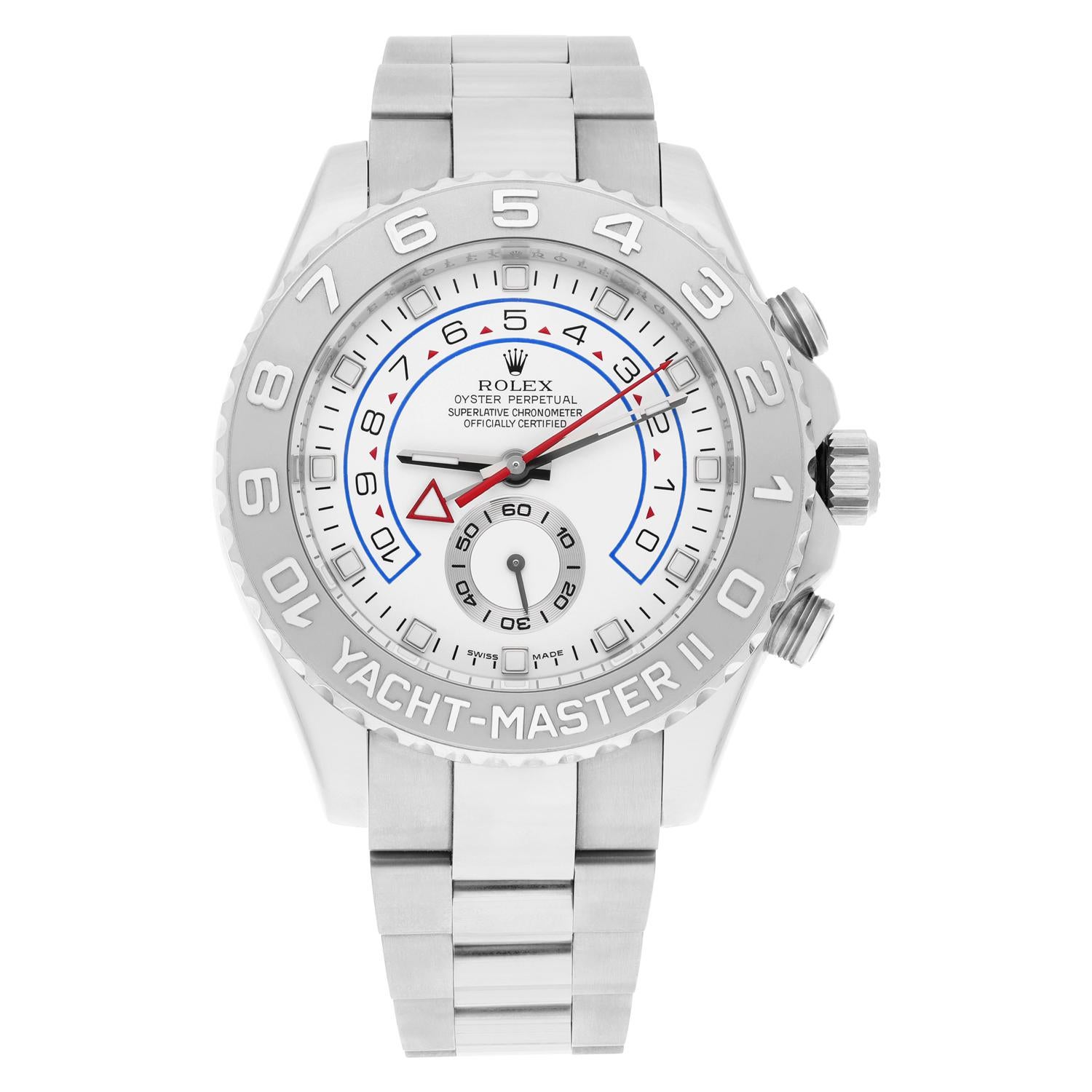 Presenting the exquisite Rolex Yacht-Master II 116689 in impeccable condition. This timepiece epitomizes luxury and precision, featuring a stunning white dial and platinum bezel housed within a resilient white gold case and bracelet. Its intricate