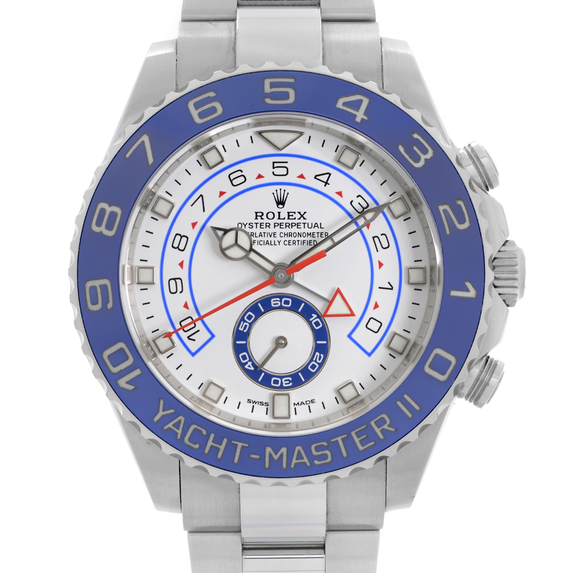 Display Model 2021 Card Rolex Yacht-Master II 44mm Ceramic Steel White Dial Automatic Mens Watch 116680. This Beautiful Timepiece is Powered By a Mechanical (Automatic) Movement and Features; Stainless Steel Case with Stainless Steel Oyster