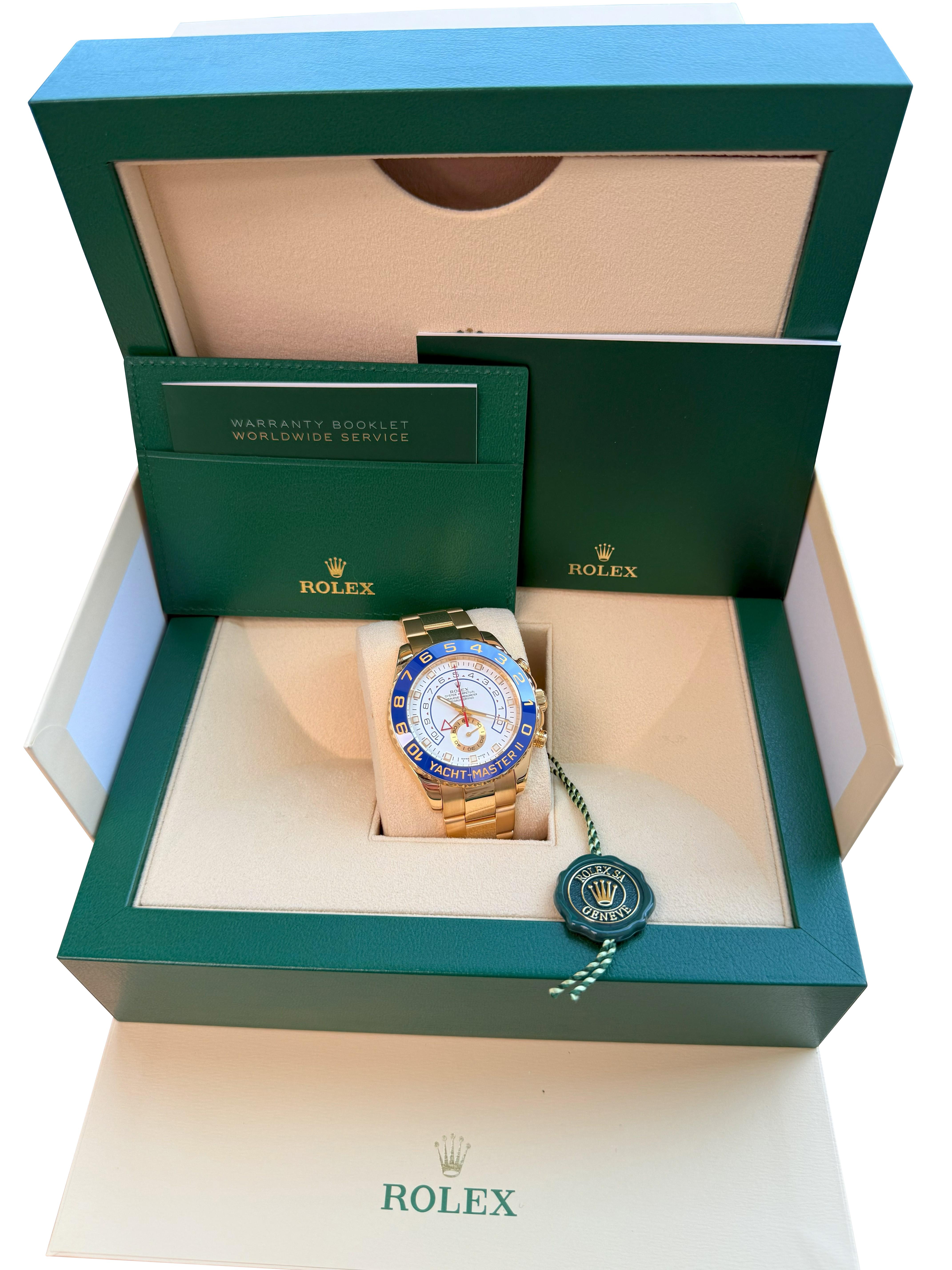 Rolex Yachtmaster II Chronograph Yellow Gold Watch 116688 Unworn. Officially certified chronometer self-winding movement. 18K yellow gold case 44 mm in diameter. Screw down the crown and caseback. Rolex logo on a crown. Ring Command 90-degree
