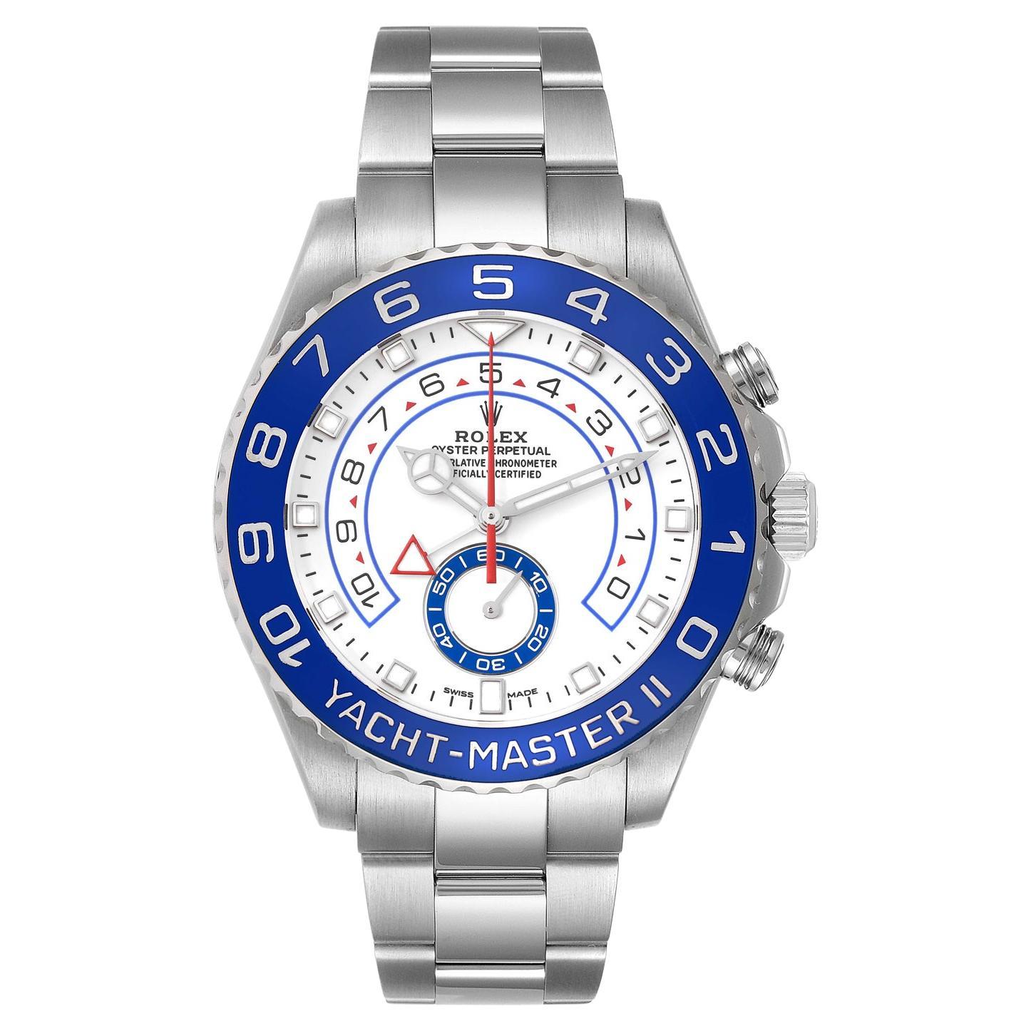 Rolex Yacht-Master II 44mm Mercedes Hands Steel Blue Ceramic Bezel Watch 116680 For Sale