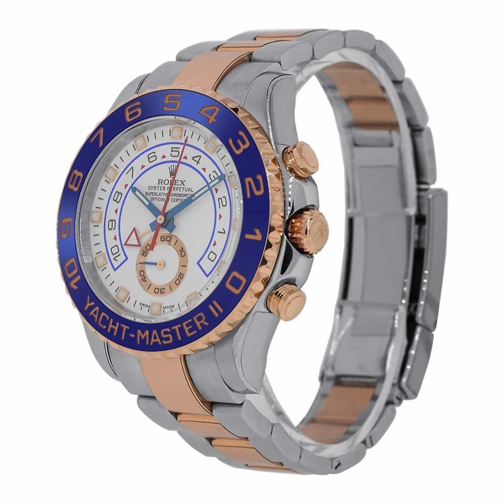 Rolex Yacht-Master II Reference #:116681. Stainless steel case with a stainless steel and 18kt rose-gold bracelet. 90 degree rotatable bezel. White dial with black-tone hands and index hour markers. Minute markers around the outer rim. Dial Type: