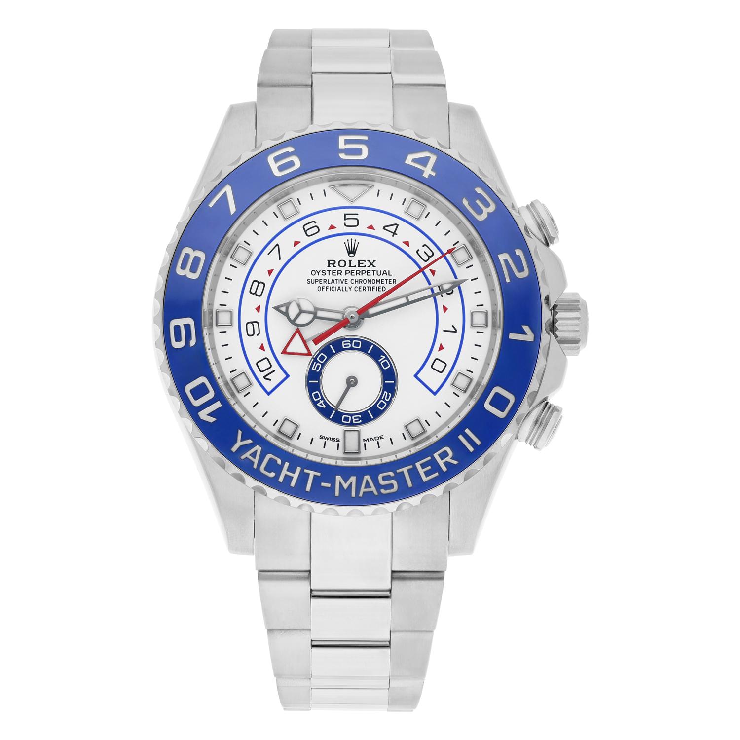 Rolex Yacht-Master II 44mm Steel White Dial Automatic Mens Watch 116680
Mercedes Hands 

This watch has been professionally polished and does not have any visible scratches or blemishes. It is a genuine Rolex which has been inspected to verify
