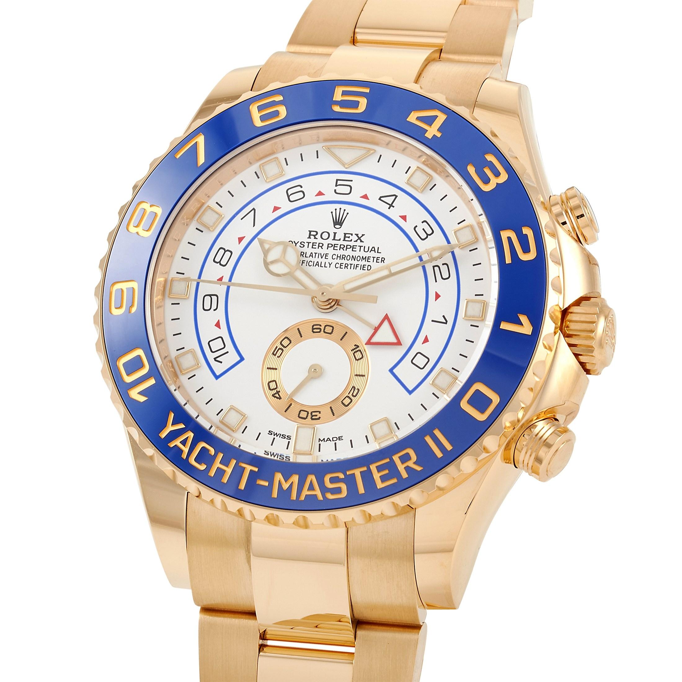 A watch that truly belongs on the open seas, the Rolex Yacht-Master II, reference number 116688-0002, is the only watch in the world that has a mechanical memory. With its 18 ct gold bezel functioning as a programmable countdown, the watch is the