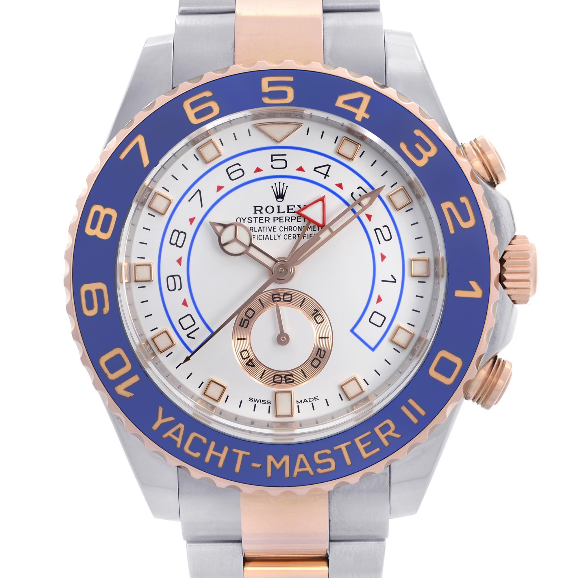 Pre-owned Scramble Serial Rolex Yacht-Master II 18k Rose Gold Steel White Dial Automatic Watch 116681. This Beautiful Timepiece is Powered By a Mechanical (Automatic) Movement and Features; Stainless Steel Case with a Two-Tone Rolex Oyster Bracelet,