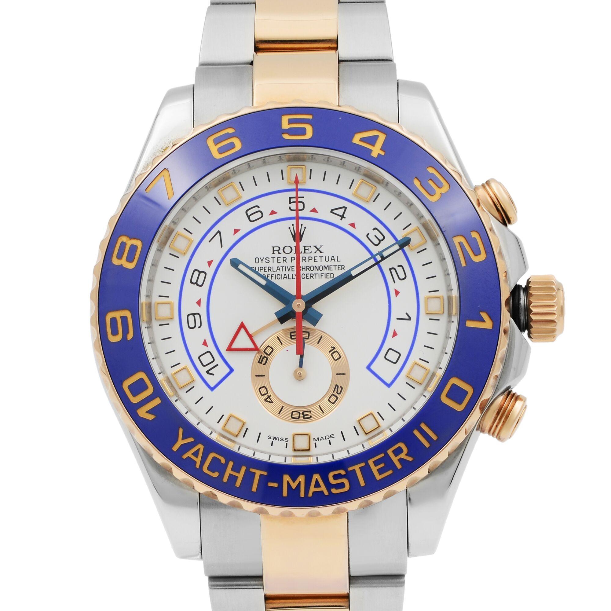 This pre-owned Rolex Yacht-Master II 116681 is a beautiful men's timepiece that is powered by mechanical (automatic) movement which is cased in a stainless steel case. It has a round shape face, chronograph, chronograph hand, small seconds subdial