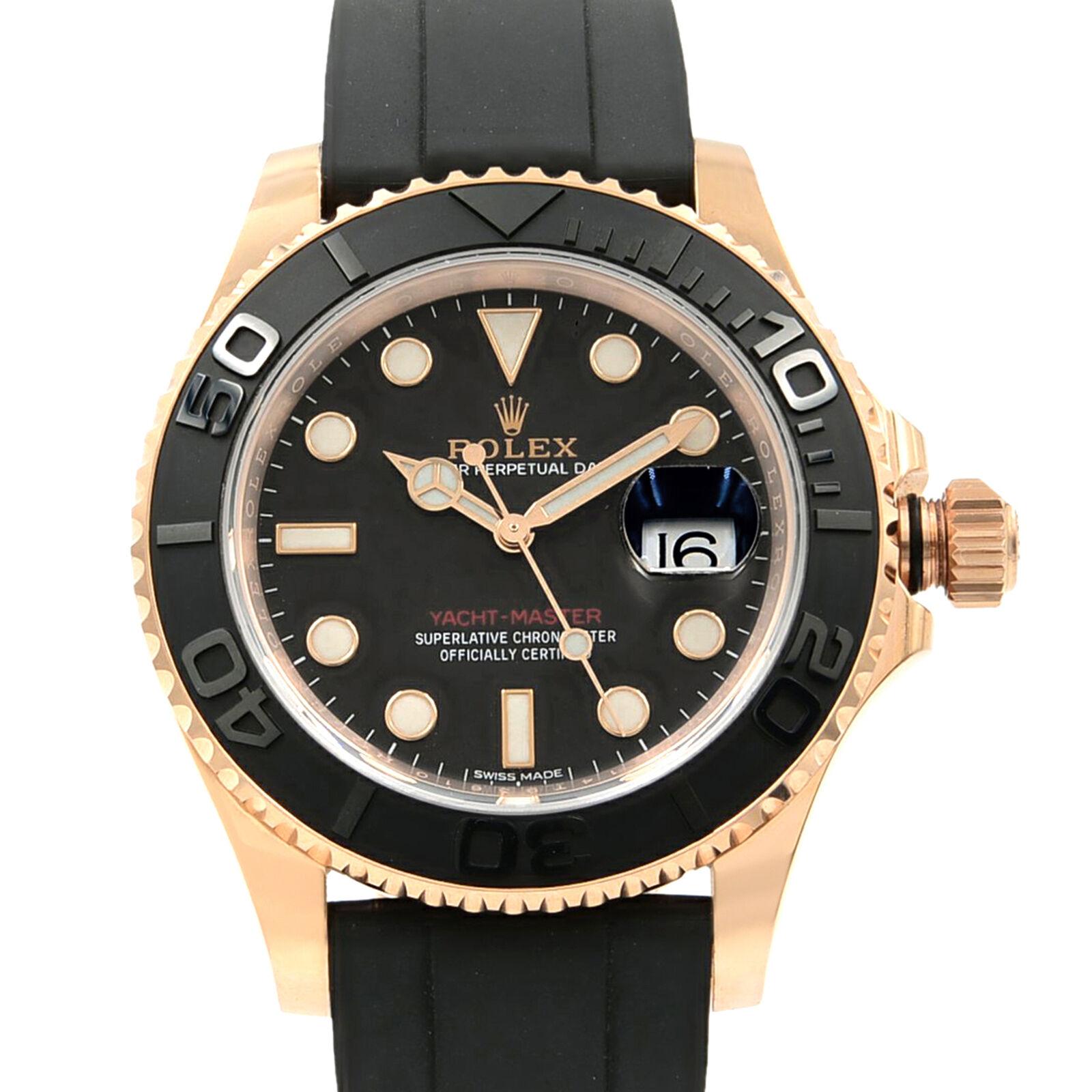 This pre-owned Rolex Yacht-Master 116655 is a beautiful men's timepiece that is powered by an automatic movement which is cased in a rose gold case. It has a round shape face, date dial and has hand sticks & dots style markers. It is completed with