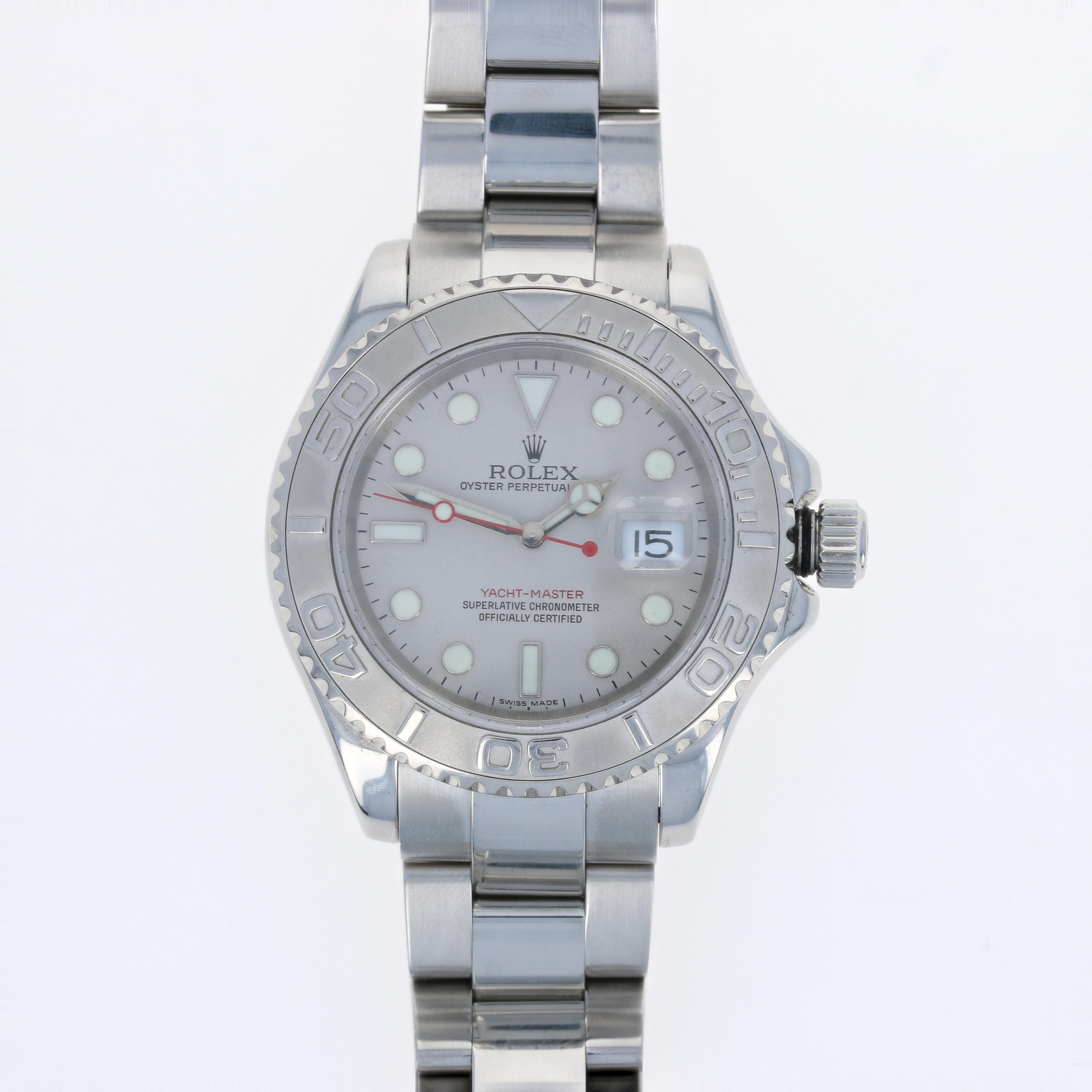 This is an authentic Rolex wristwatch. The watch has been professionally serviced and comes with a two-year warranty, the Rolex boxes, and papers.

Brand: Rolex Yacht-Master
Model Number: 16622
Year: 2007
Material: Stainless Steel (case & band) with