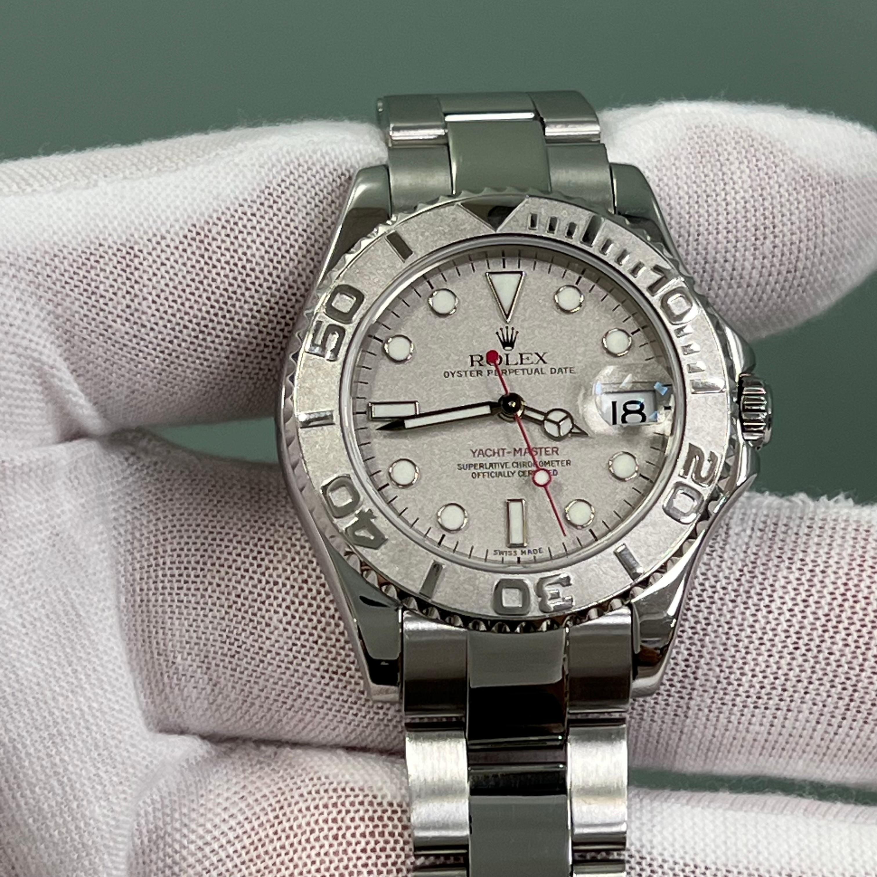 Rolex Yacht Master Midsize 168622 35mm Silber Zifferblatt Stahl Platin Box Papier im Angebot 7