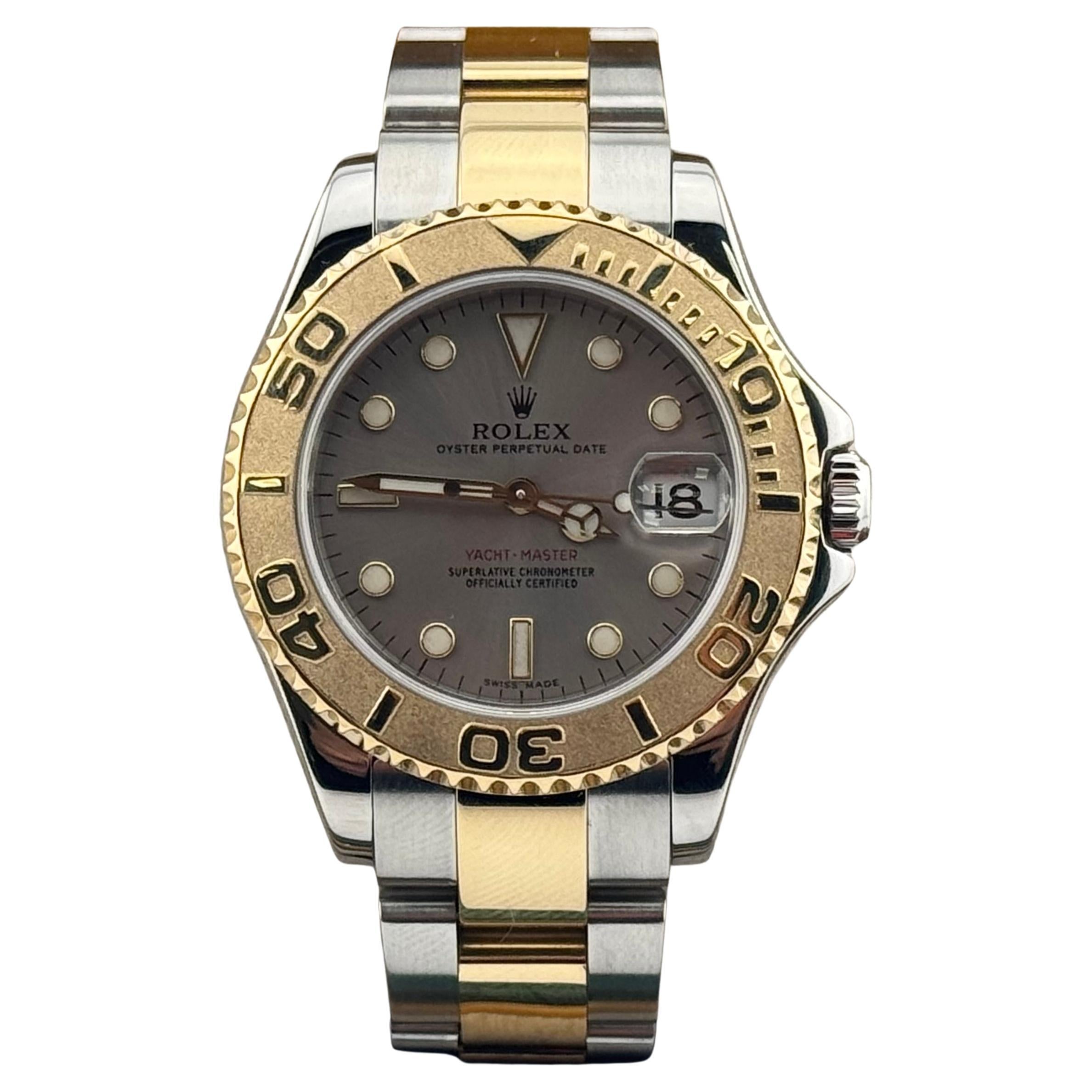 Rolex Yacht-Master Midsize 168623 35mm Silber Zifferblatt 18K Gold Stahl Box Papier