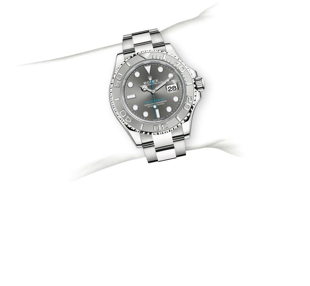 The Oyster Perpetual Yacht-Master 40 in Oystersteel and platinum with an Oyster bracelet.