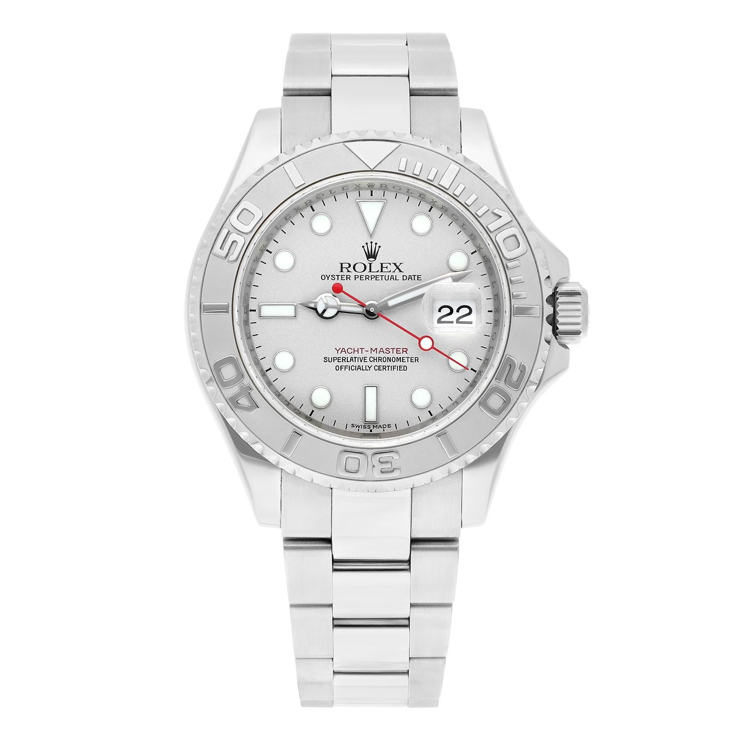 This Rolex Yacht-Master watch is a stunning masterpiece that is perfect for any occasion. It features a bidirectional rotating platinum bezel. The 40mm case is made of polished stainless steel and has a screwback case. The silver dial has a date