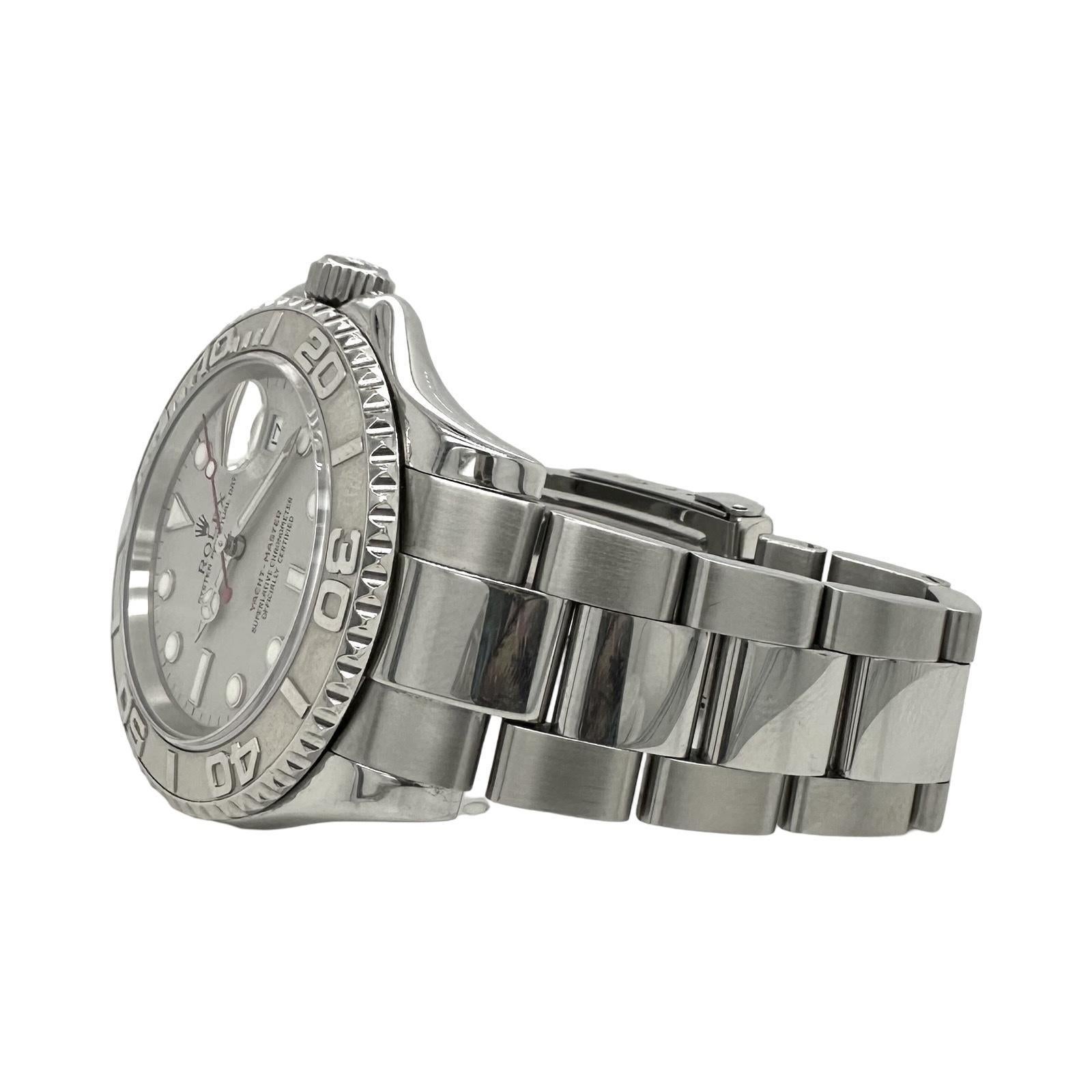 Brand: Rolex
Model Name: Yacht Master
Model Number: 16622
Year: 2002
Movement: Automatic
Case: Stainless Steel
Case Size: 40 mm
Bezel: Platinum bidirectional rotatable time-lapse bezel
Dial: Platinum with superluminova hour markers, hands, and red