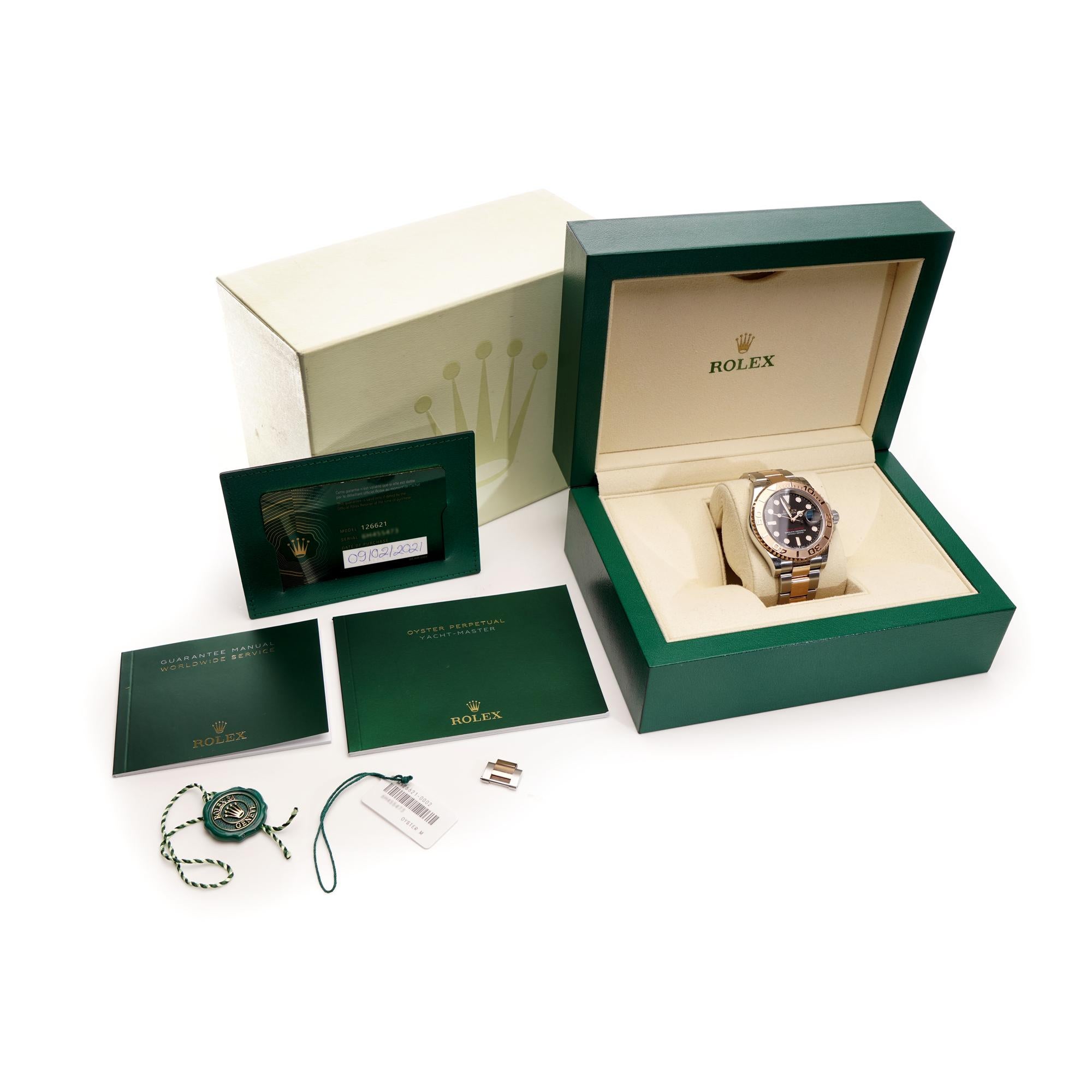 Rolex Yacht-Master Oyster Perpetual Date 18kt pink gold and stainless steel men's wristwatch. 
Comes with a full set of box and papers. 
Place of origin: Switzerland 
Period: 2021
Case Diameter: 40 mm
Movement: Automatic 
Ref: 126621
Watchband
